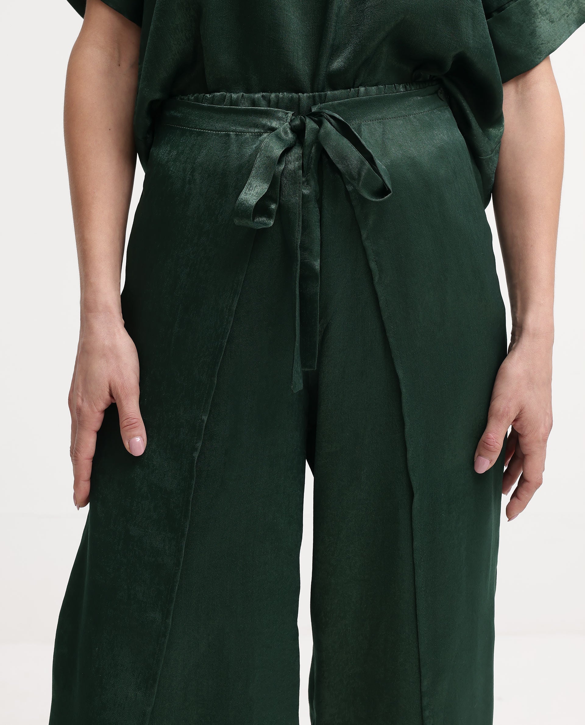 Rareism Women's Lamona-B Dark Green Polyester Plain Ankle Length Wide Trouser