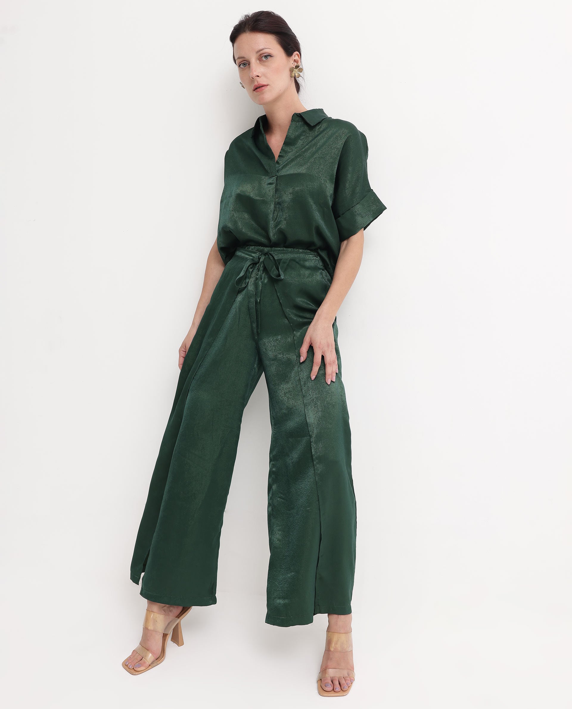 Rareism Women's Lamona-B Dark Green Polyester Plain Ankle Length Wide Trouser