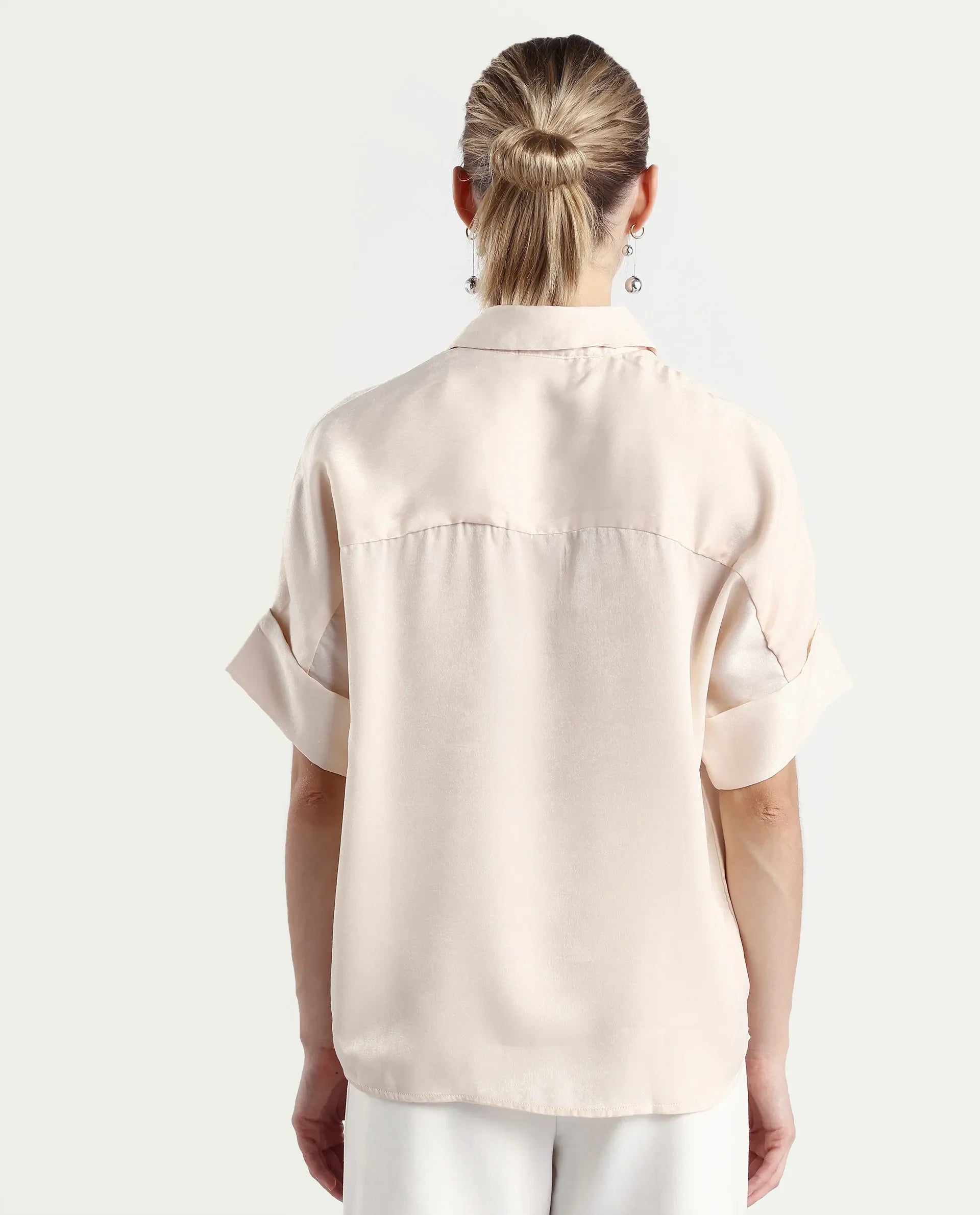 Rareism Women's Lamona T Beige Polyester Blend Drop Collar Plain Extended Sleeves Boxy Fit Top