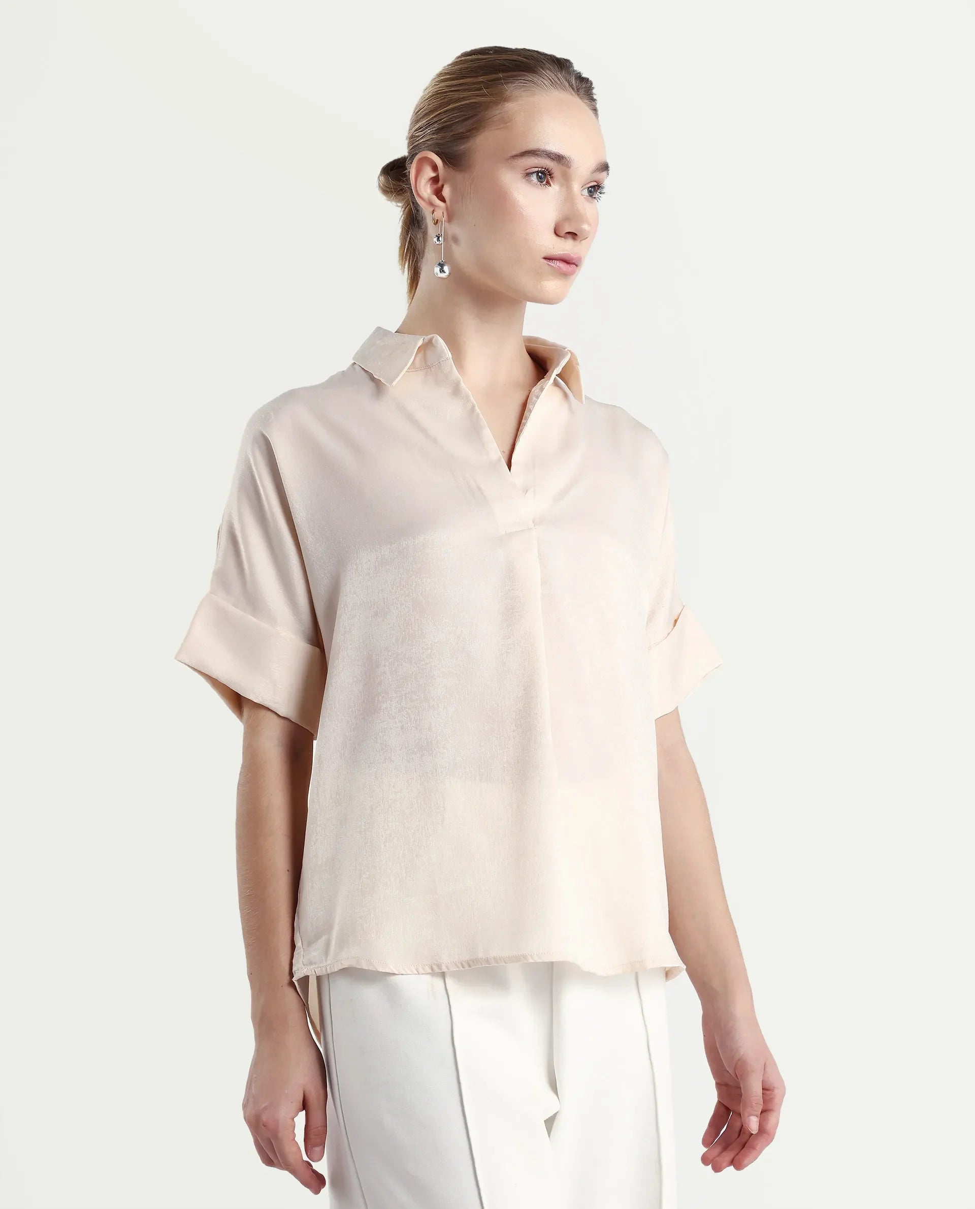 Rareism Women's Lamona T Beige Polyester Blend Drop Collar Plain Extended Sleeves Boxy Fit Top