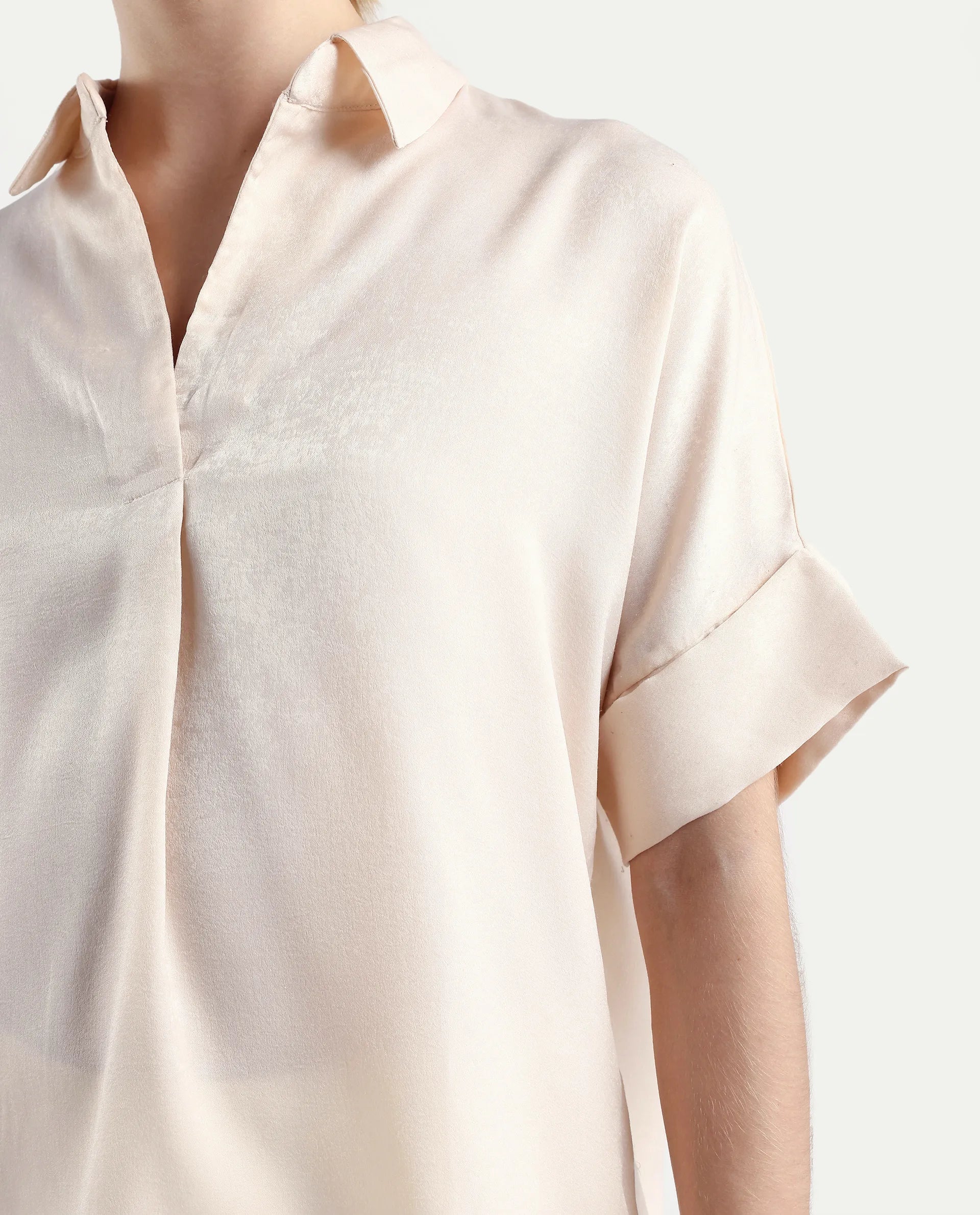 Rareism Women's Lamona T Beige Polyester Blend Drop Collar Plain Extended Sleeves Boxy Fit Top