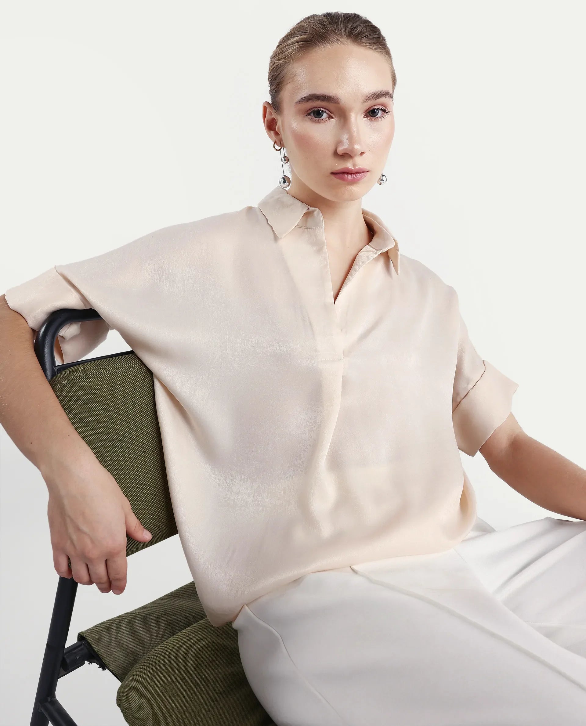 Rareism Women's Lamona T Beige Polyester Blend Drop Collar Plain Extended Sleeves Boxy Fit Top