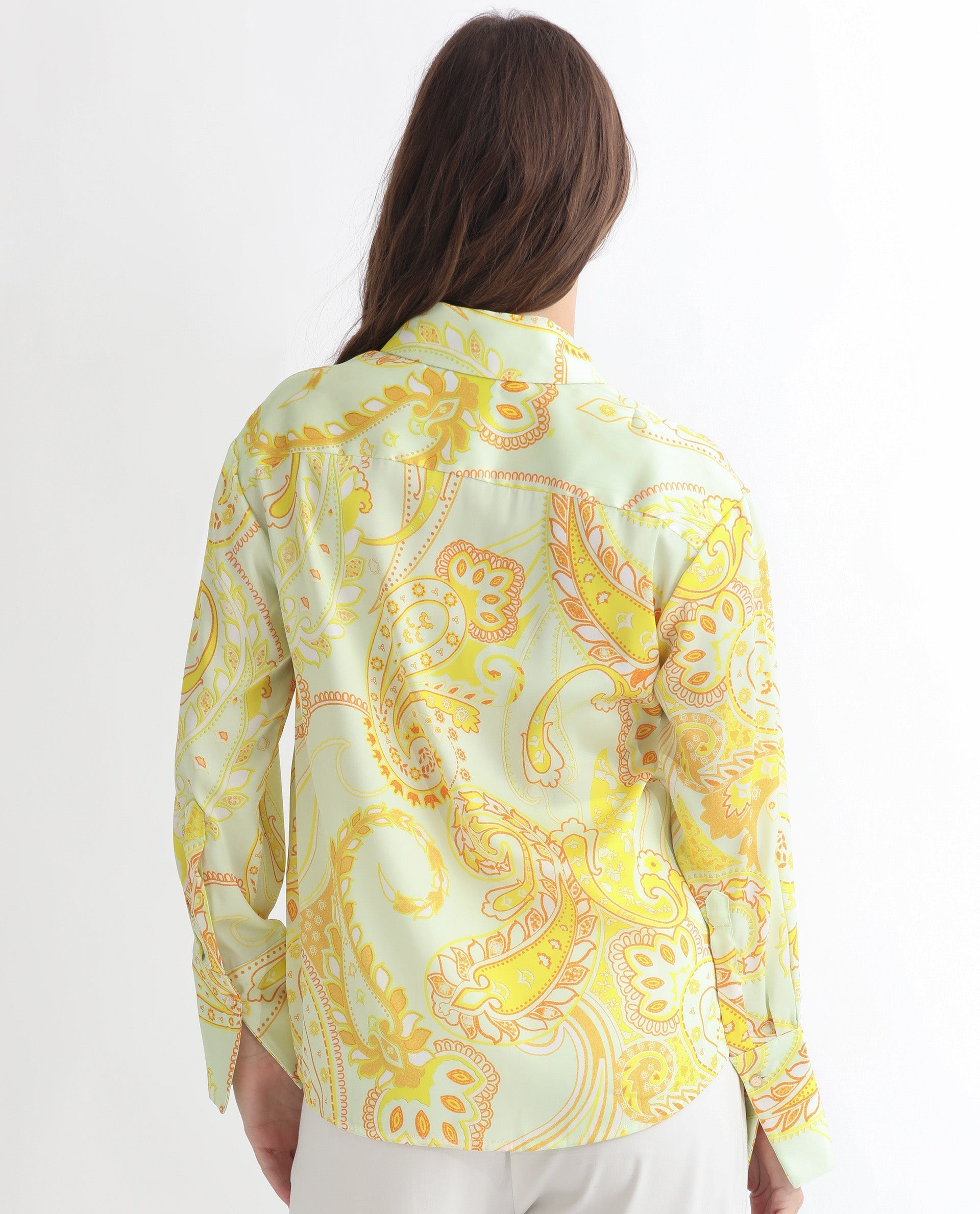 Rareism Women Lander Light Yellow Polyester Fabric Full Sleeves Button Closure Shirt Collar Regular Fit Paisley Print Top