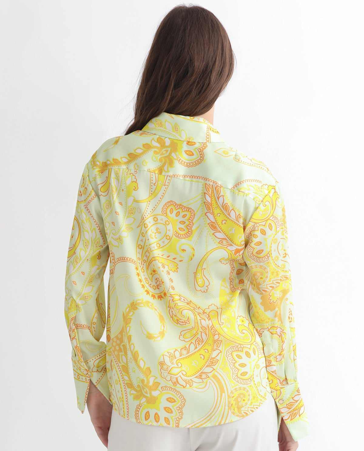Rareism Women Lander Light Yellow Polyester Fabric Full Sleeves Button Closure Shirt Collar Regular Fit Paisley Print Top