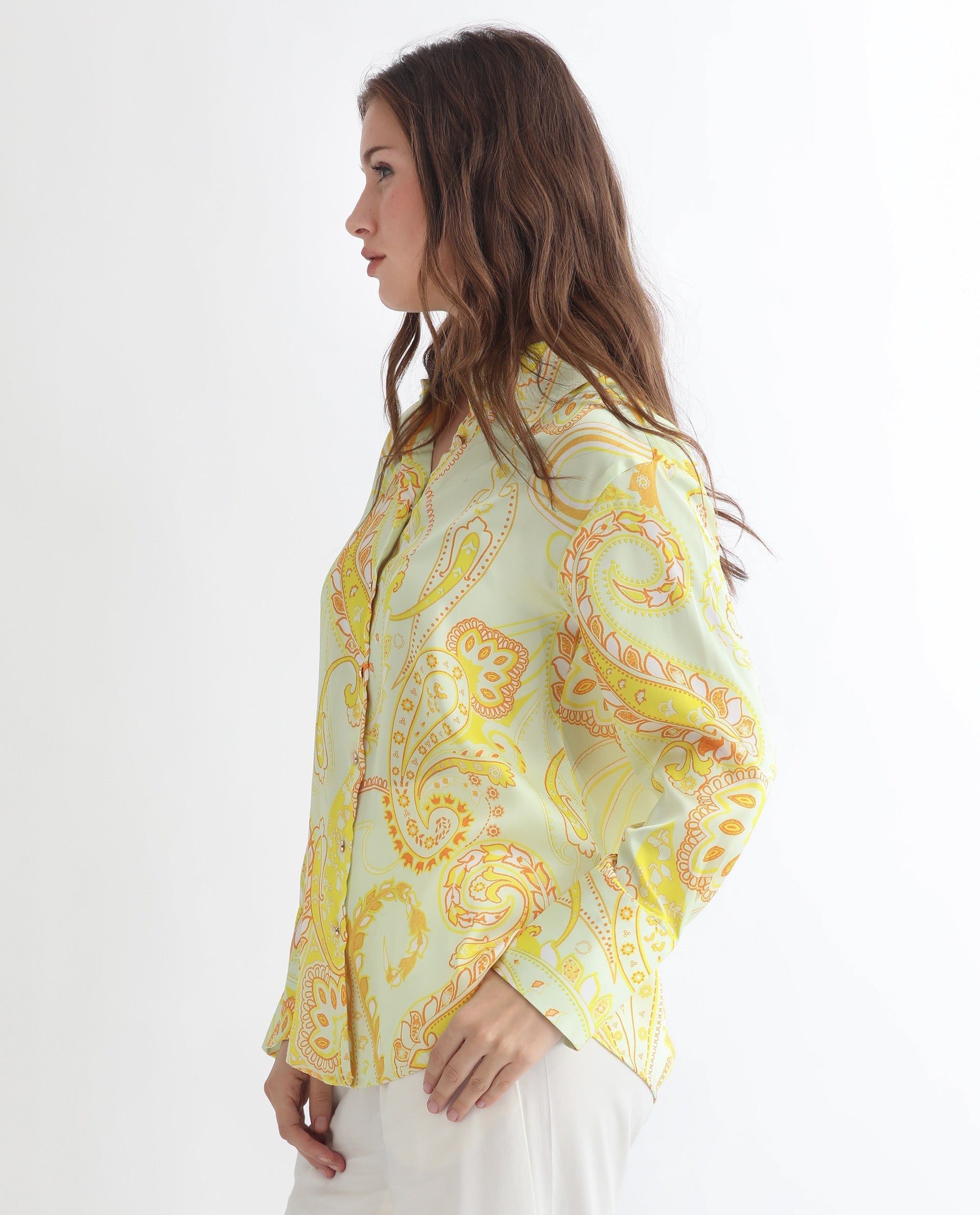 Rareism Women Lander Light Yellow Polyester Fabric Full Sleeves Button Closure Shirt Collar Regular Fit Paisley Print Top