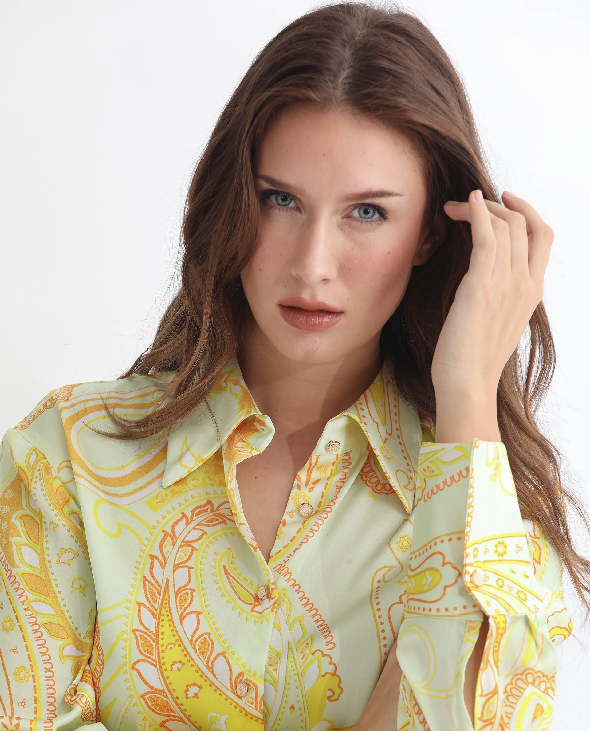 Rareism Women Lander Light Yellow Polyester Fabric Full Sleeves Button Closure Shirt Collar Regular Fit Paisley Print Top