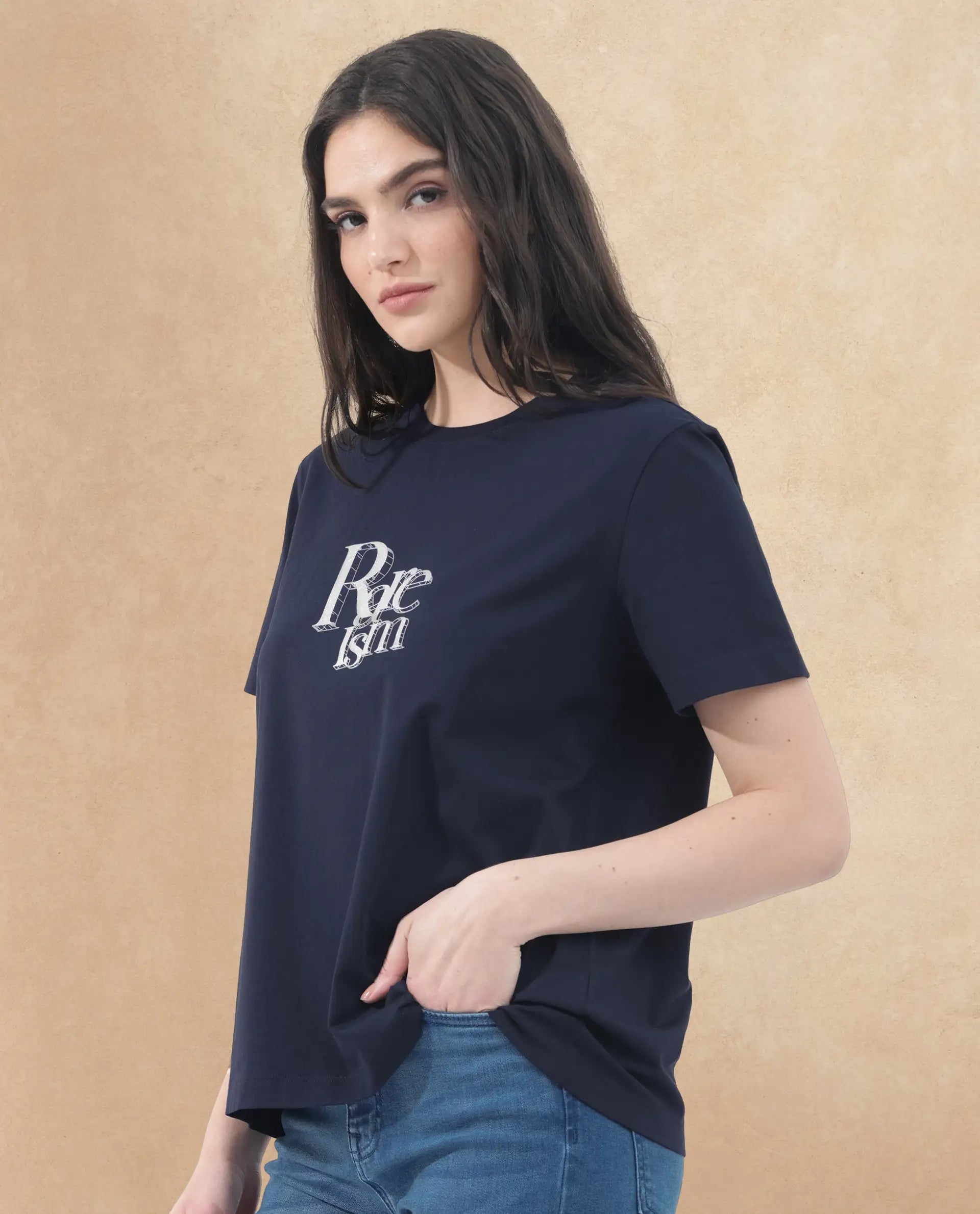 Rareism Women Lany Dark Navy Cotton Elastane Fabric Crew Neck Knit Solid T-Shirt