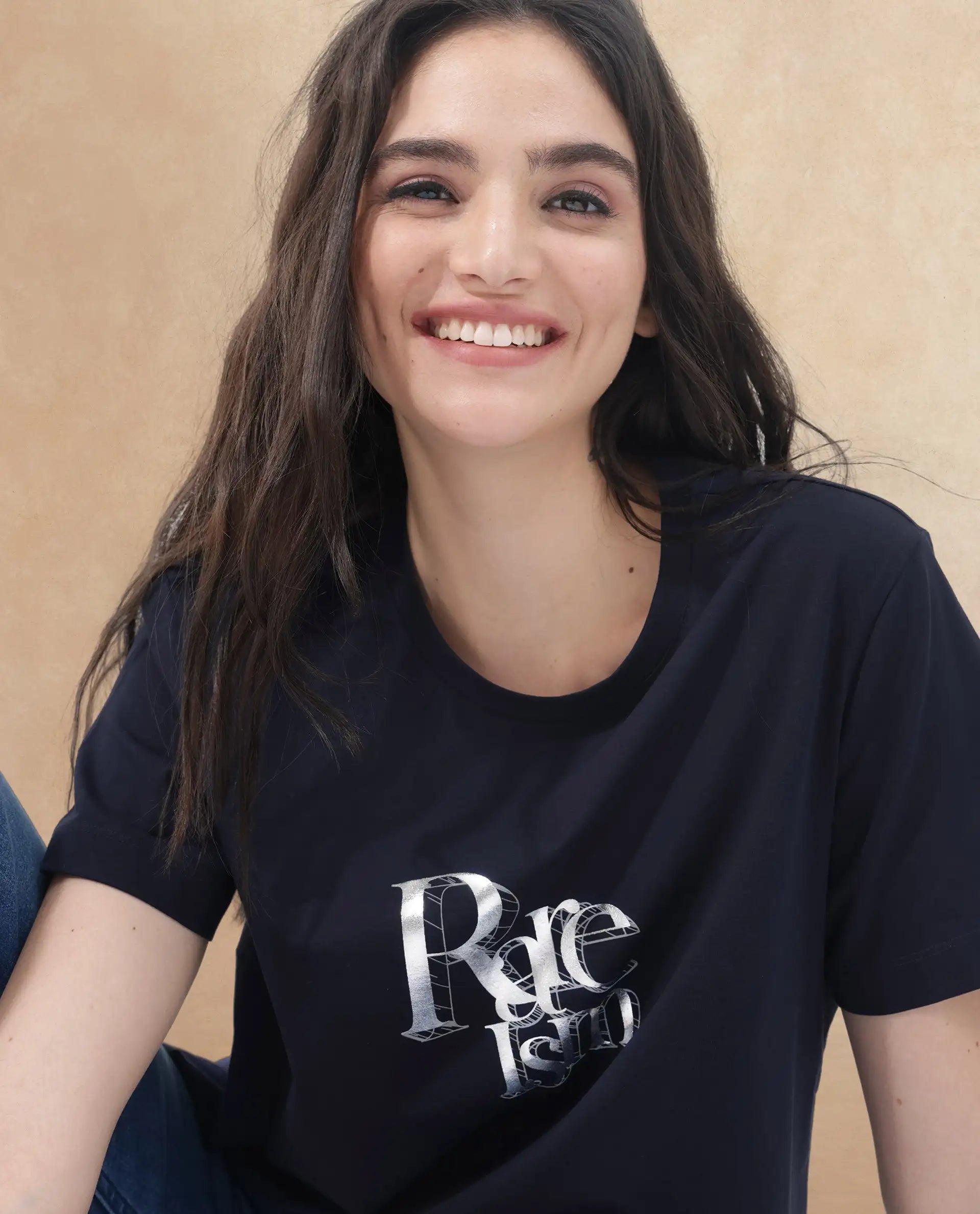 Rareism Women's Lany Dark Navy Cotton Blend Crew Neck Graphic Print Regular Fit T-Shirt