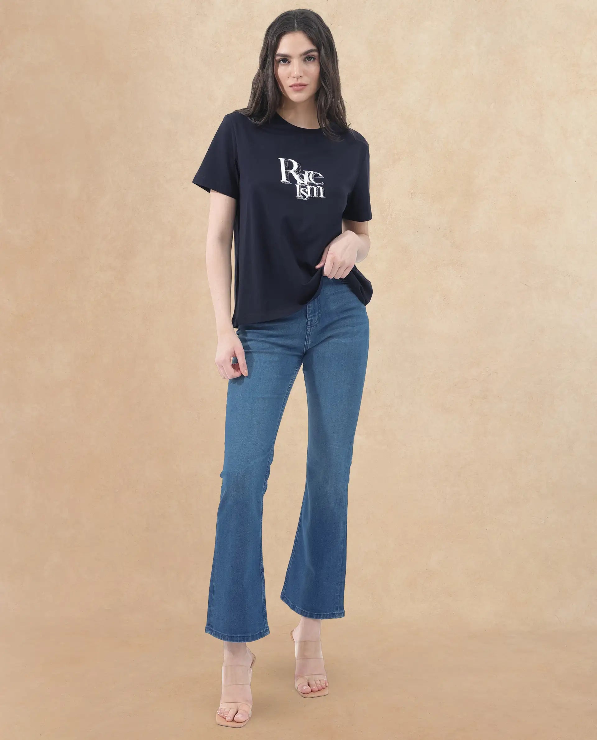 Rareism Women's Lany Dark Navy Cotton Blend Crew Neck Graphic Print Regular Fit T-Shirt