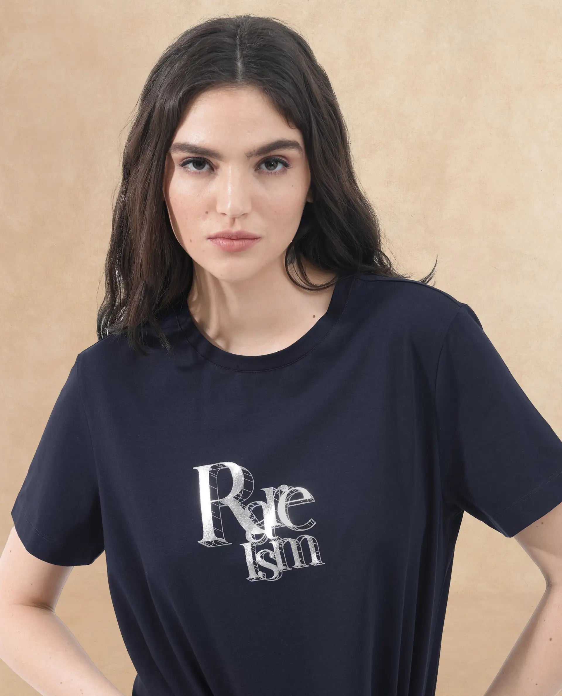 Rareism Women's Lany Dark Navy Cotton Blend Crew Neck Graphic Print Regular Fit T-Shirt
