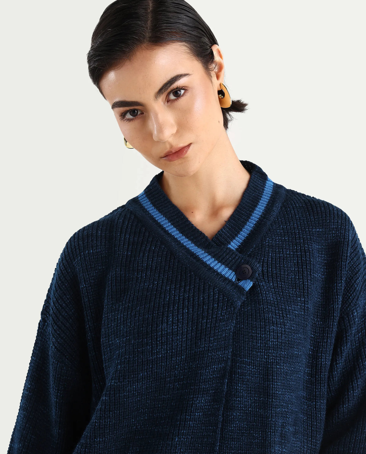 Rareism Women's Lapez Navy Overlap Neck Plain Relaxed Fit Shrug