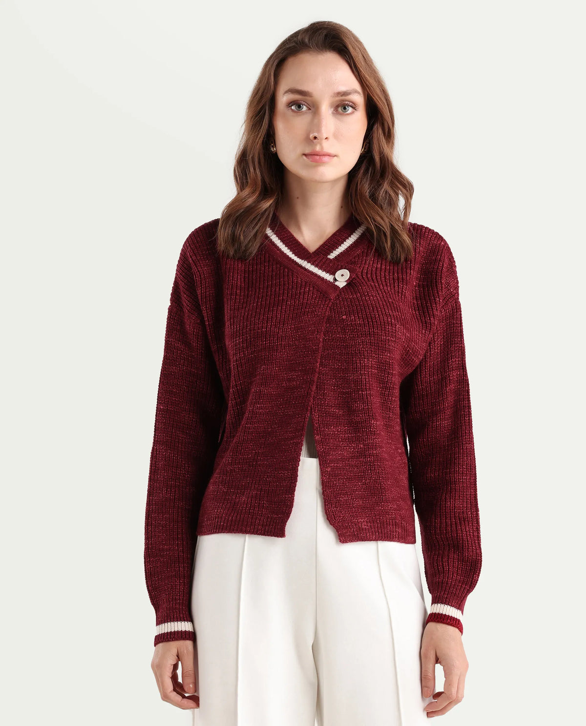 Rareism Women's Lapez Red Overlap Neck Plain Relaxed Fit Shrug