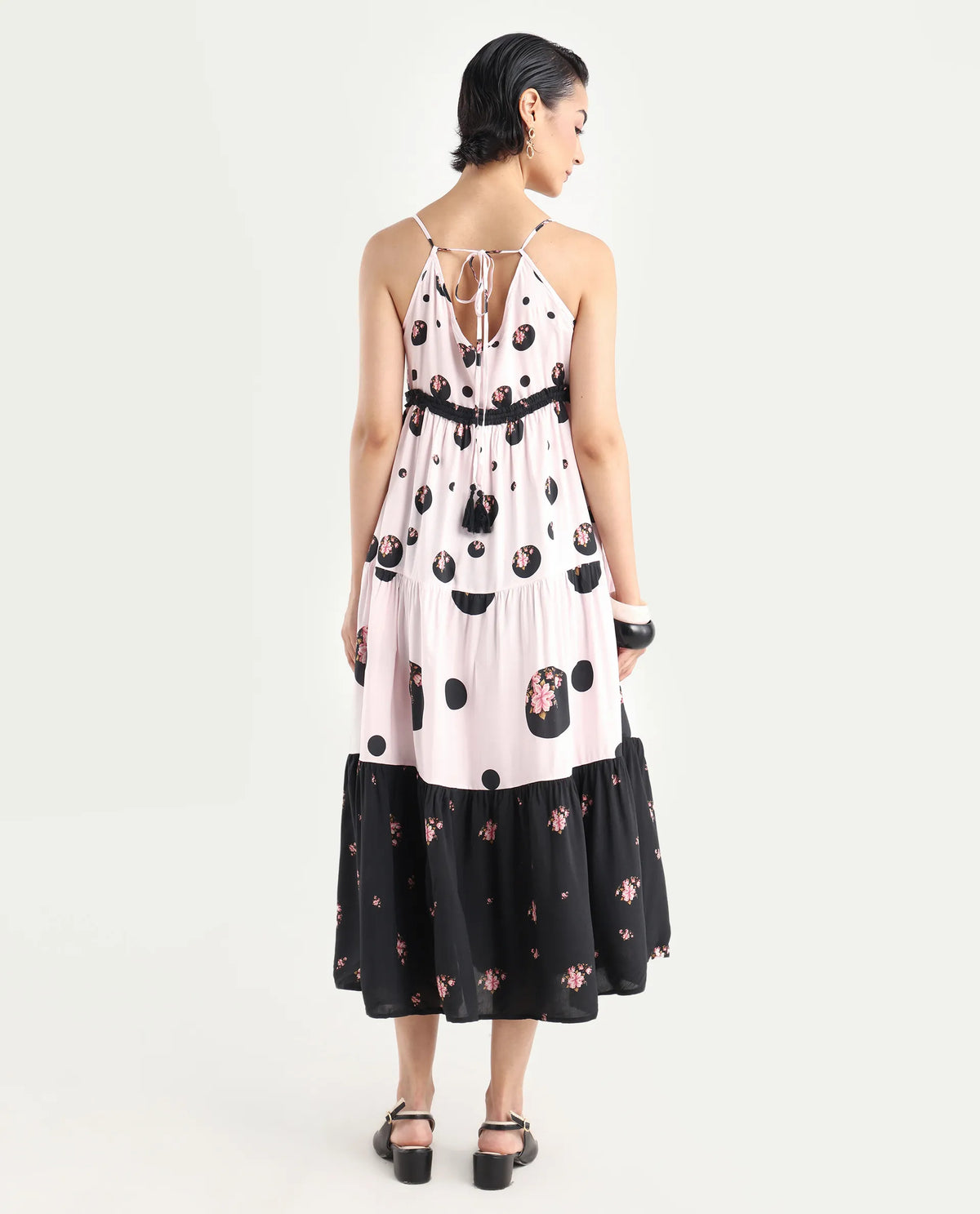 Rareism Women's Lavandula Pink Polyester Shoulder Strap Polka Print Shoulder Strap Midi Relaxed Fit Dress