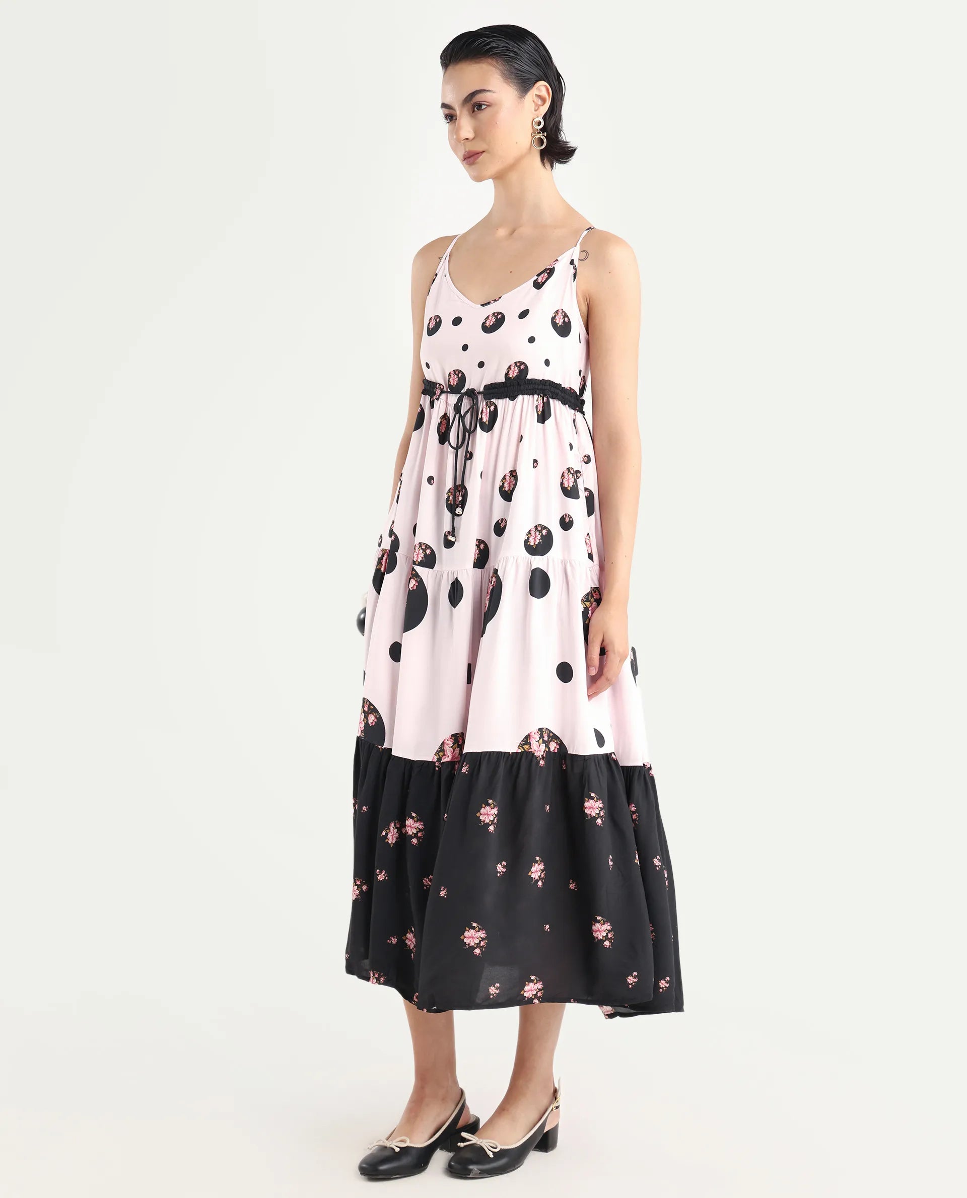 Rareism Women's Lavandula Pink Polyester Shoulder Strap Polka Print Shoulder Strap Midi Relaxed Fit Dress