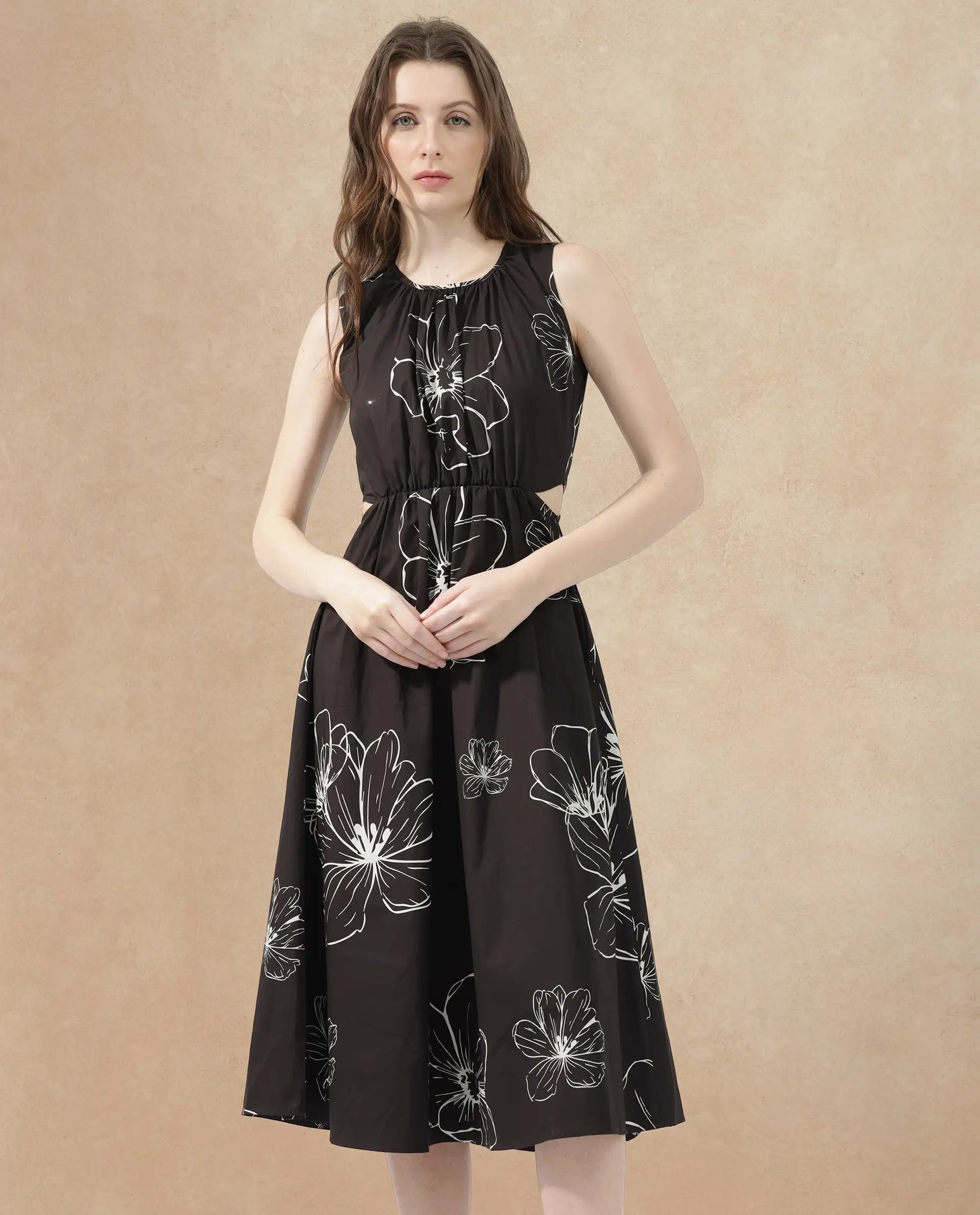 Rareism Women's Layla Brown Cotton Blend Crew Neck Floral Print Sleeveless Midi Fit And Flare Dress