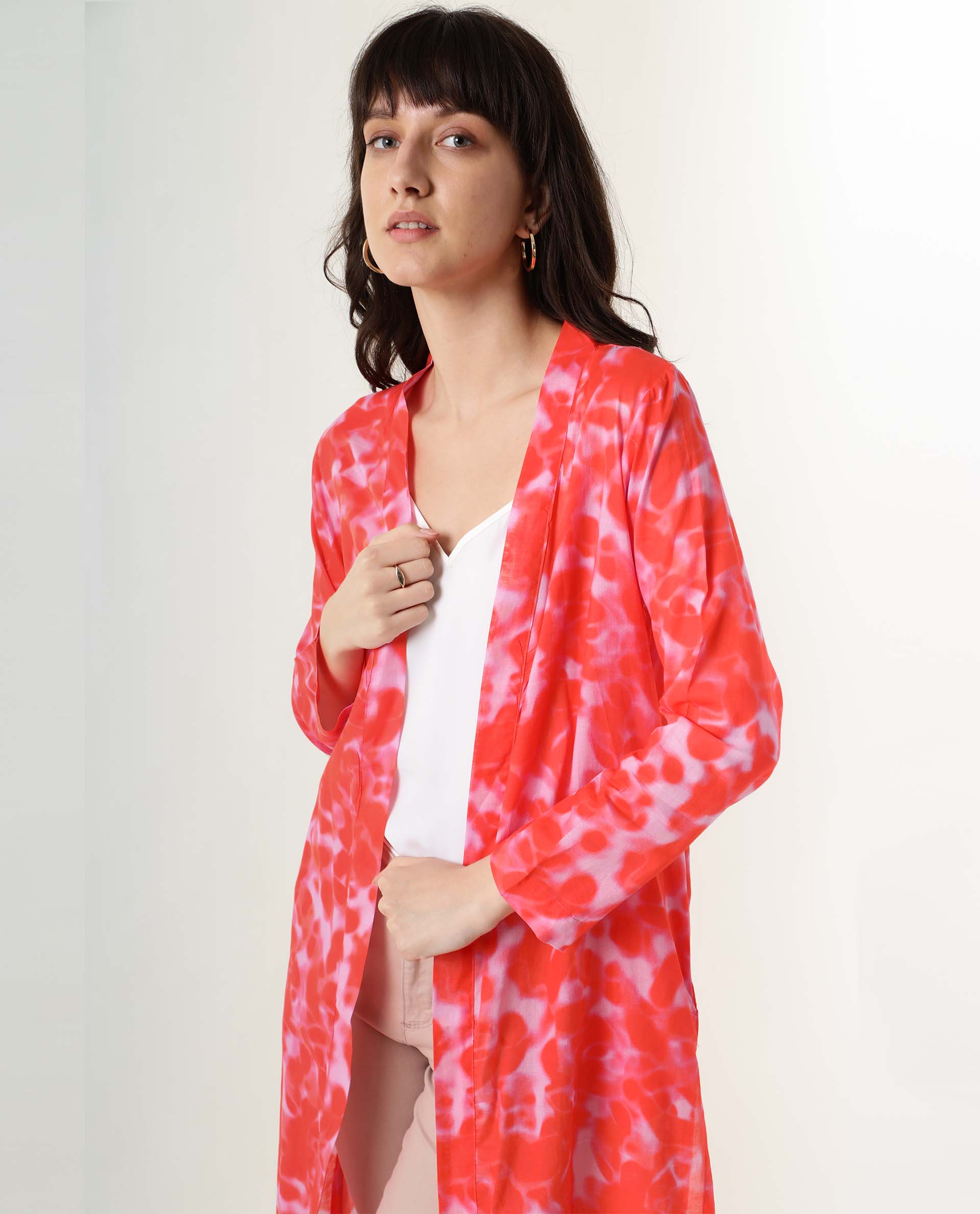 Rareism Women Lays Dark Red Cotton Fabric Regular Fit Abstract Print Collarless Outer Wear