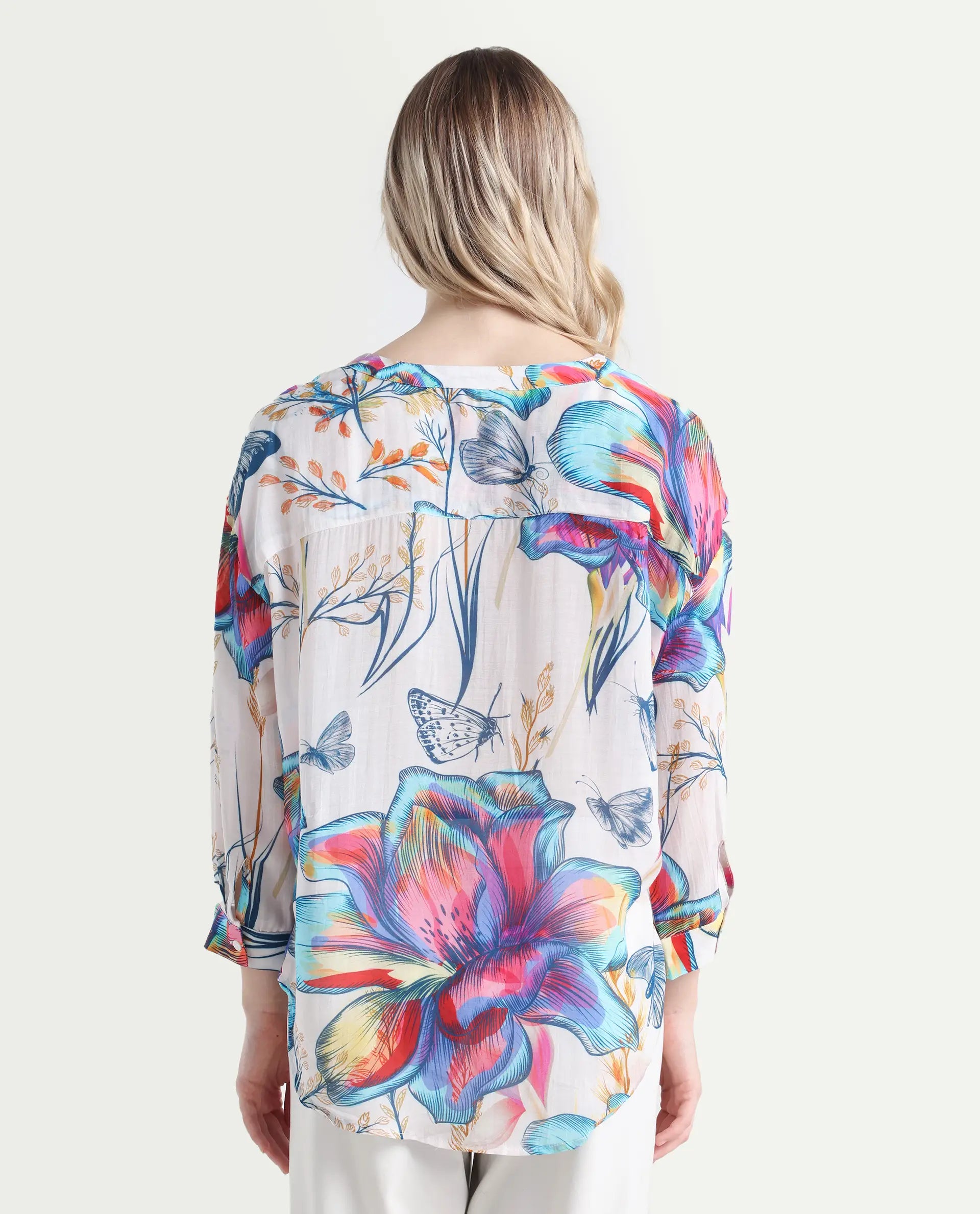 Rareism Women's Layton Multi Rayon Mandarin Collar Floral Print Cuffed Sleeve Relaxed Fit Top