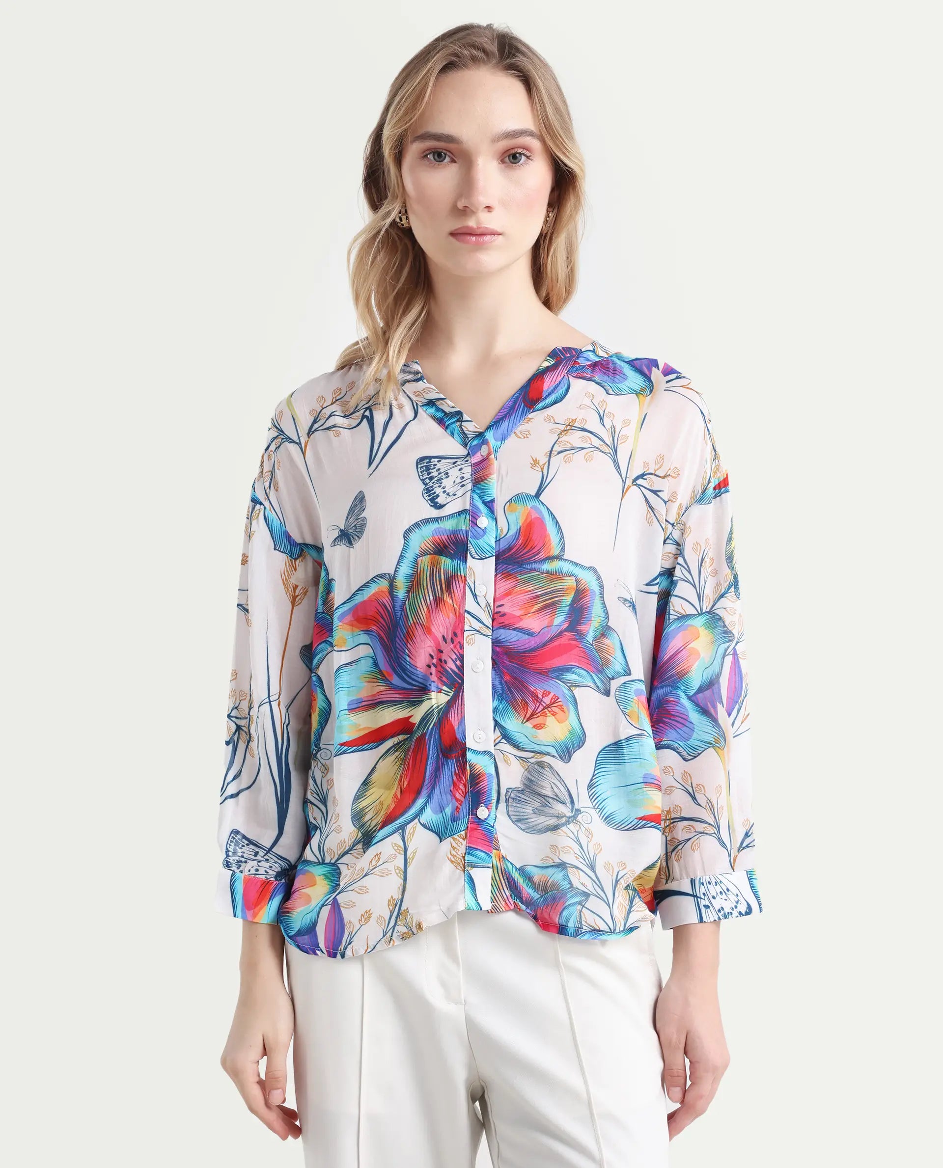 Rareism Women's Layton Multi Rayon Mandarin Collar Floral Print Cuffed Sleeve Relaxed Fit Top