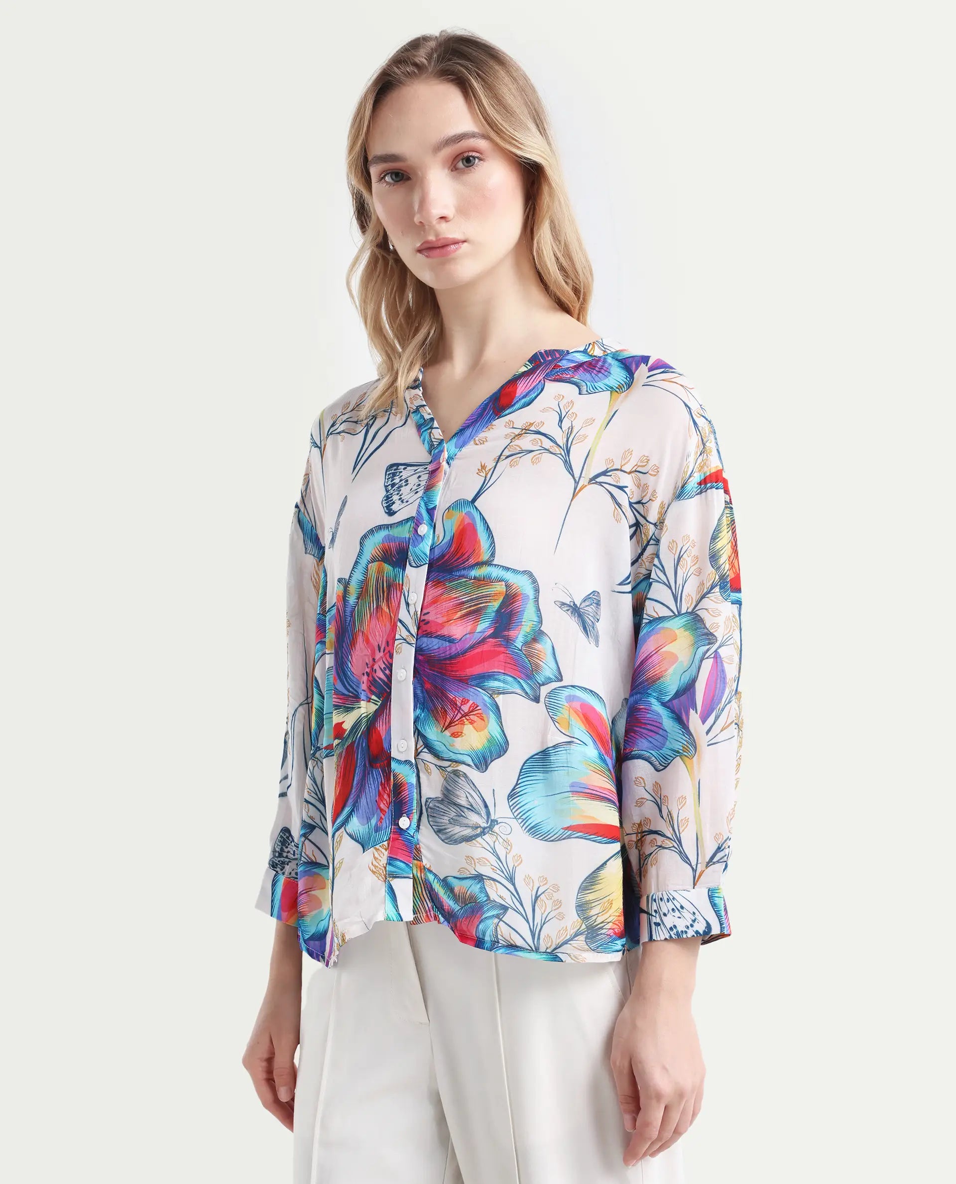 Rareism Women's Layton Multi Rayon Mandarin Collar Floral Print Cuffed Sleeve Relaxed Fit Top