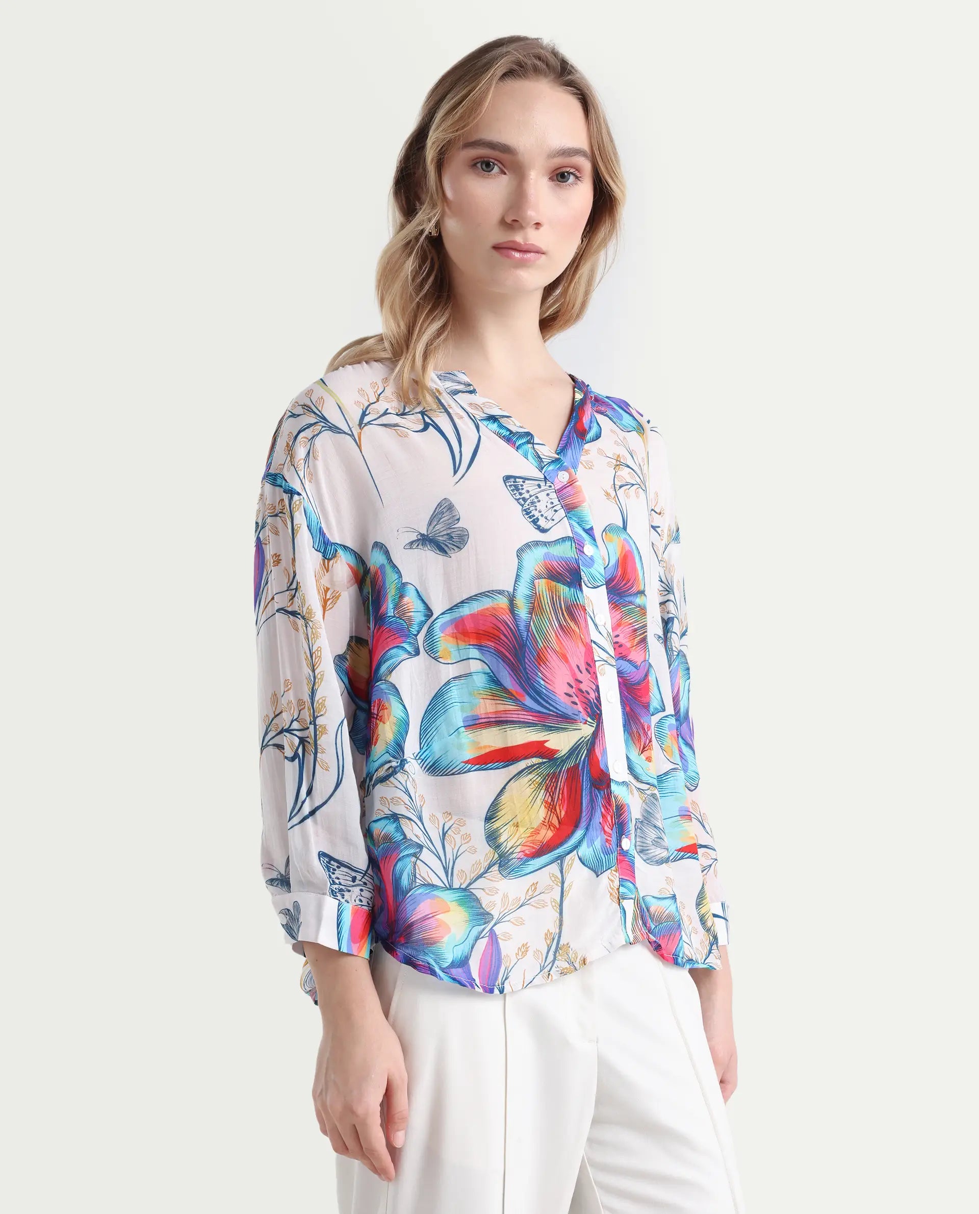 Rareism Women's Layton Multi Rayon Mandarin Collar Floral Print Cuffed Sleeve Relaxed Fit Top