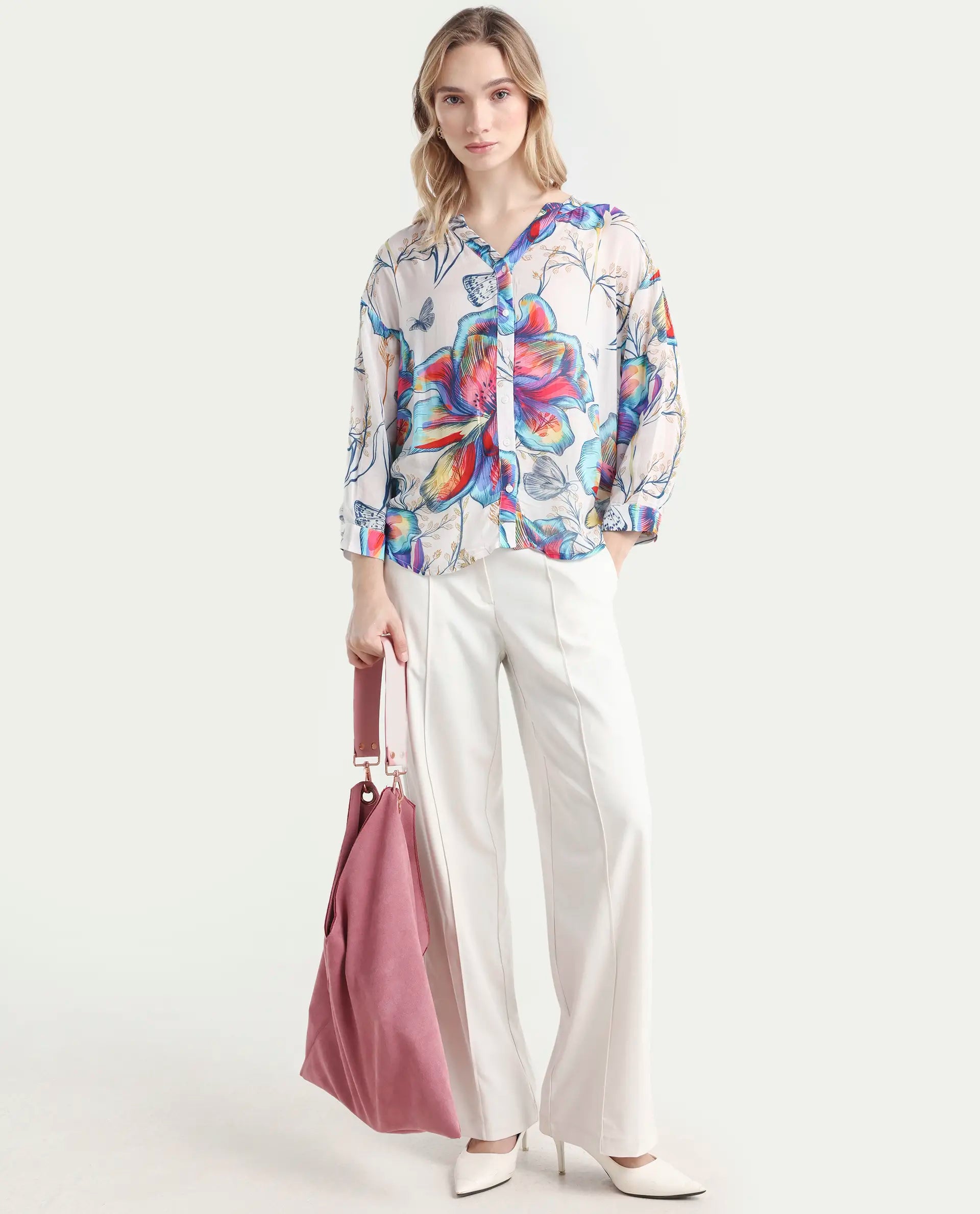 Rareism Women's Layton Multi Rayon Mandarin Collar Floral Print Cuffed Sleeve Relaxed Fit Top