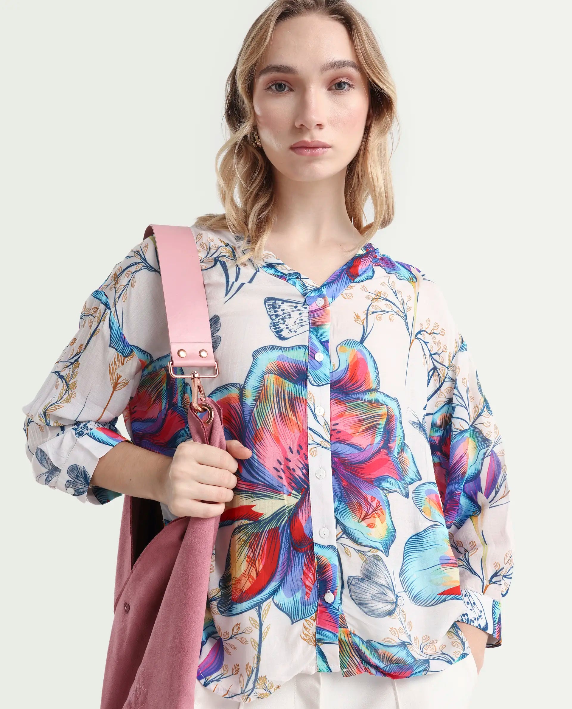 Rareism Women's Layton Multi Rayon Mandarin Collar Floral Print Cuffed Sleeve Relaxed Fit Top