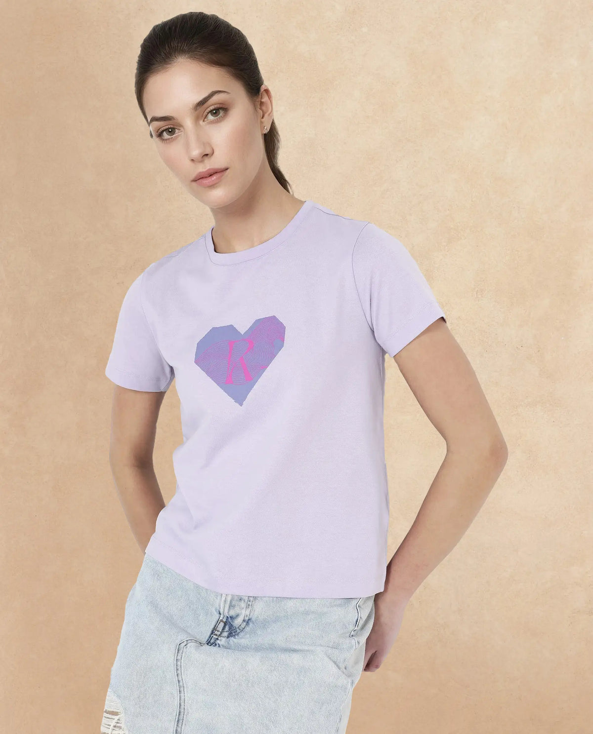 Rareism Women Lee Pastel Purple Cotton Poly Fabric Short Sleeve Crew Neck Solid T-Shirt