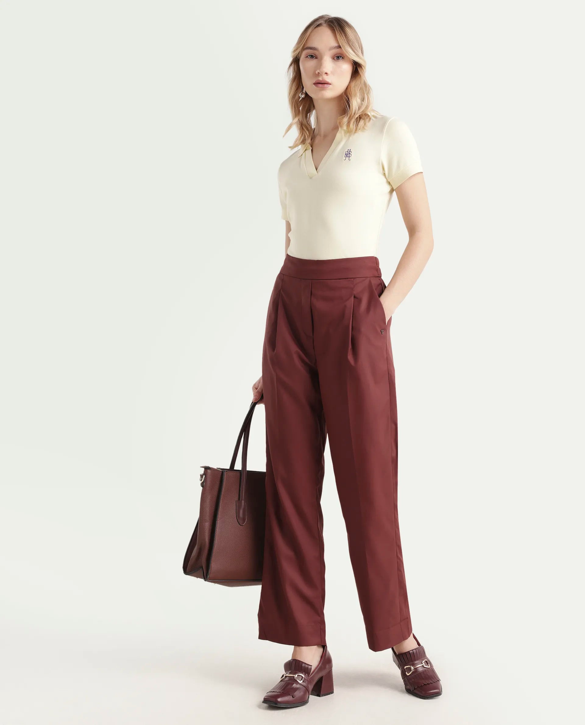 Rareism Women's Leezo Brown Polyester Blend Plain Ankle Length Straight Fit Trouser