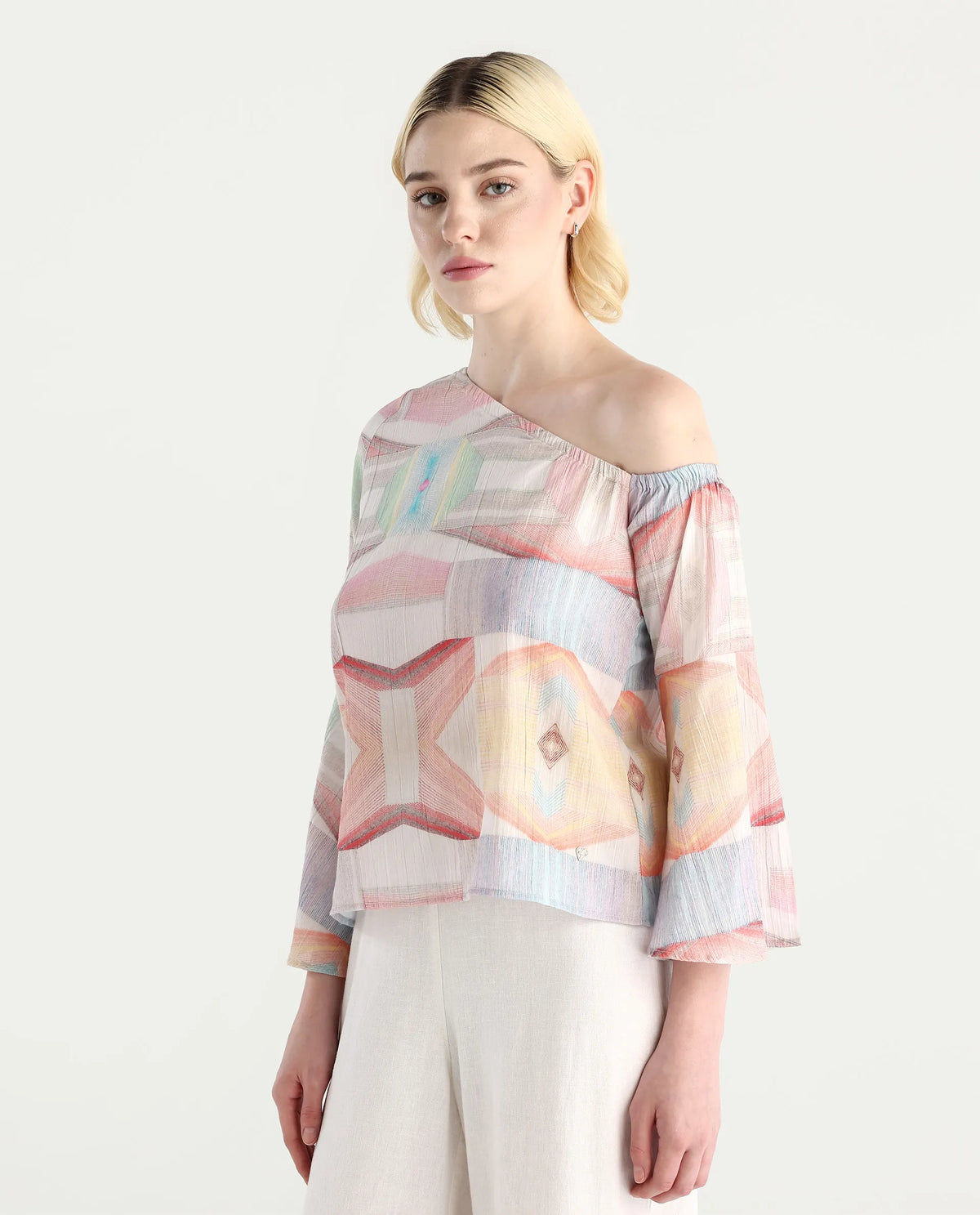Rareism Women's Leightono Sc Dusky Multi Cotton Blend One Shoulder Abstract Print Raglan Sleeve Regular Fit Top