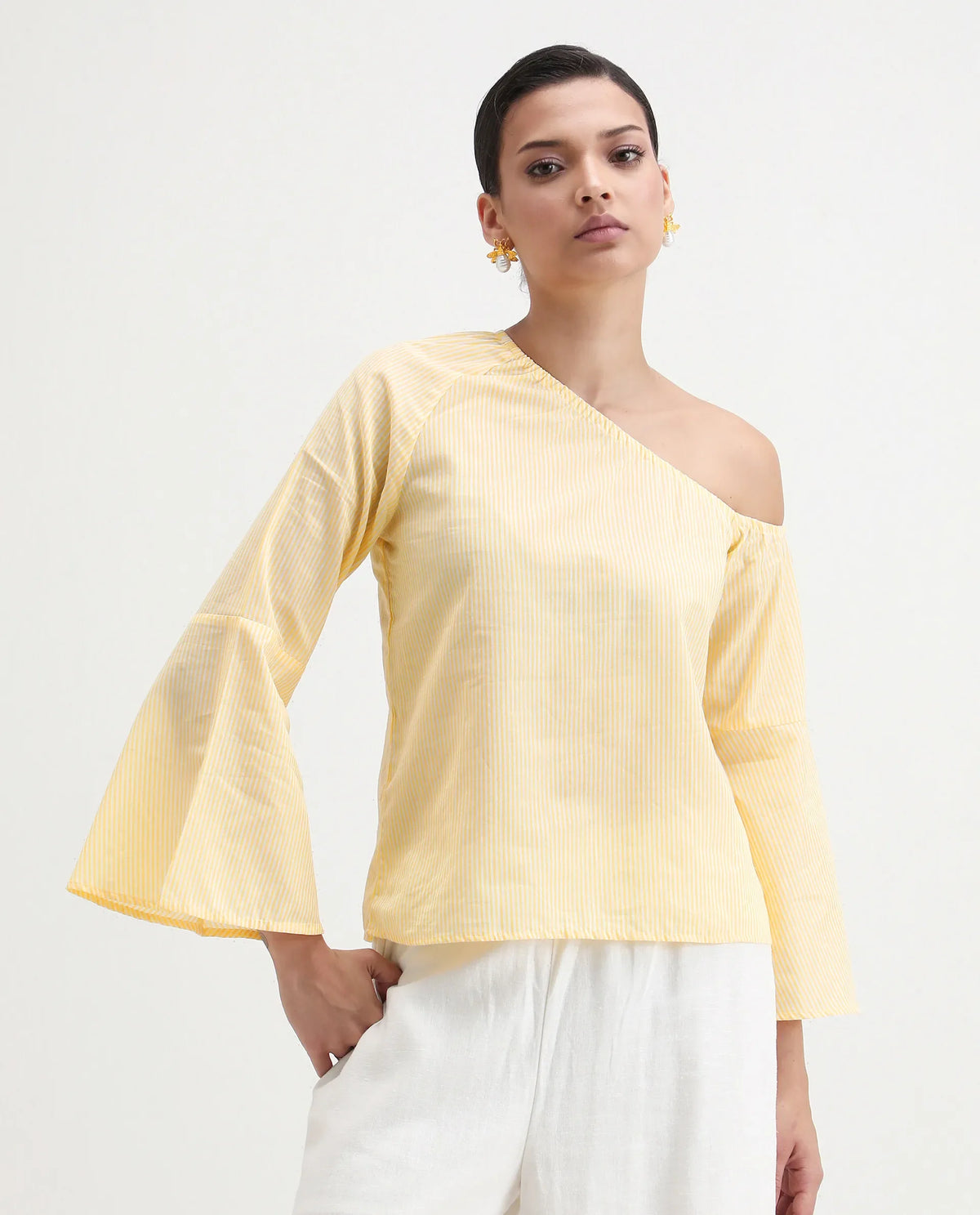 Rareism Women's Leighton Pastel Yellow Cotton One Shoulder Striped Raglan Sleeve Regular Fit Top