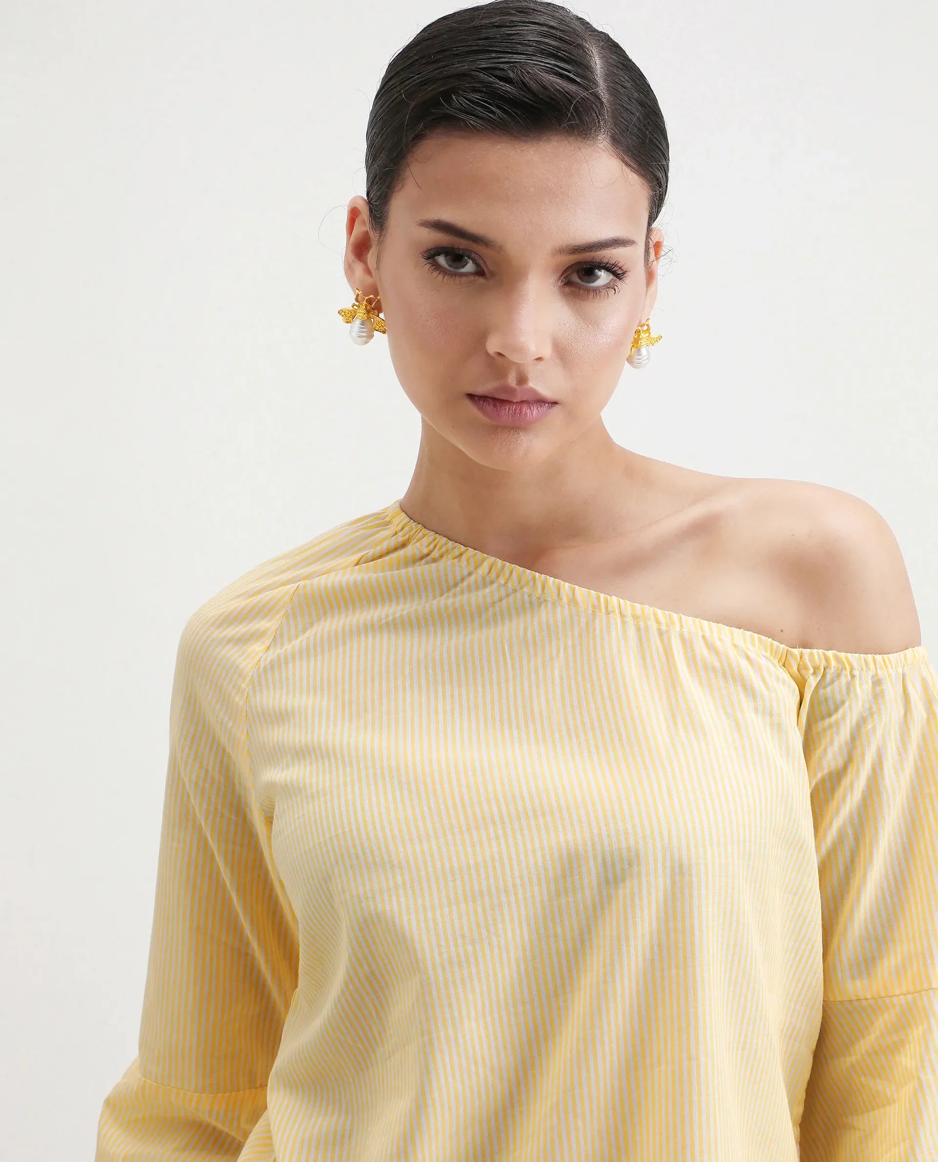 Rareism Women's Leighton Pastel Yellow Cotton One Shoulder Striped Raglan Sleeve Regular Fit Top