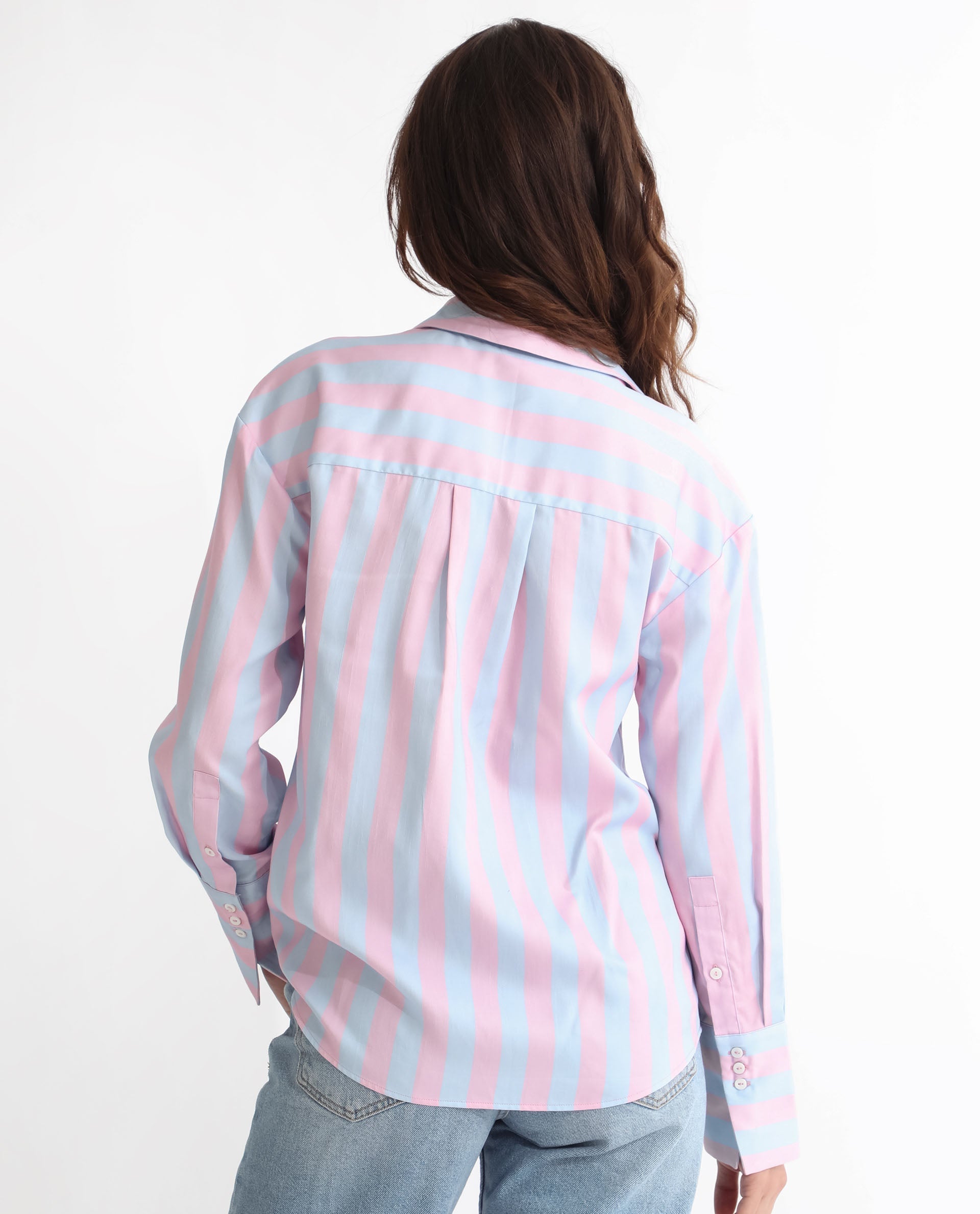 Rareism Women Lenona Pastel Blue Cotton Fabric Full Sleeves Button Closure Shirt Collar Slim Fit Striped Shirt