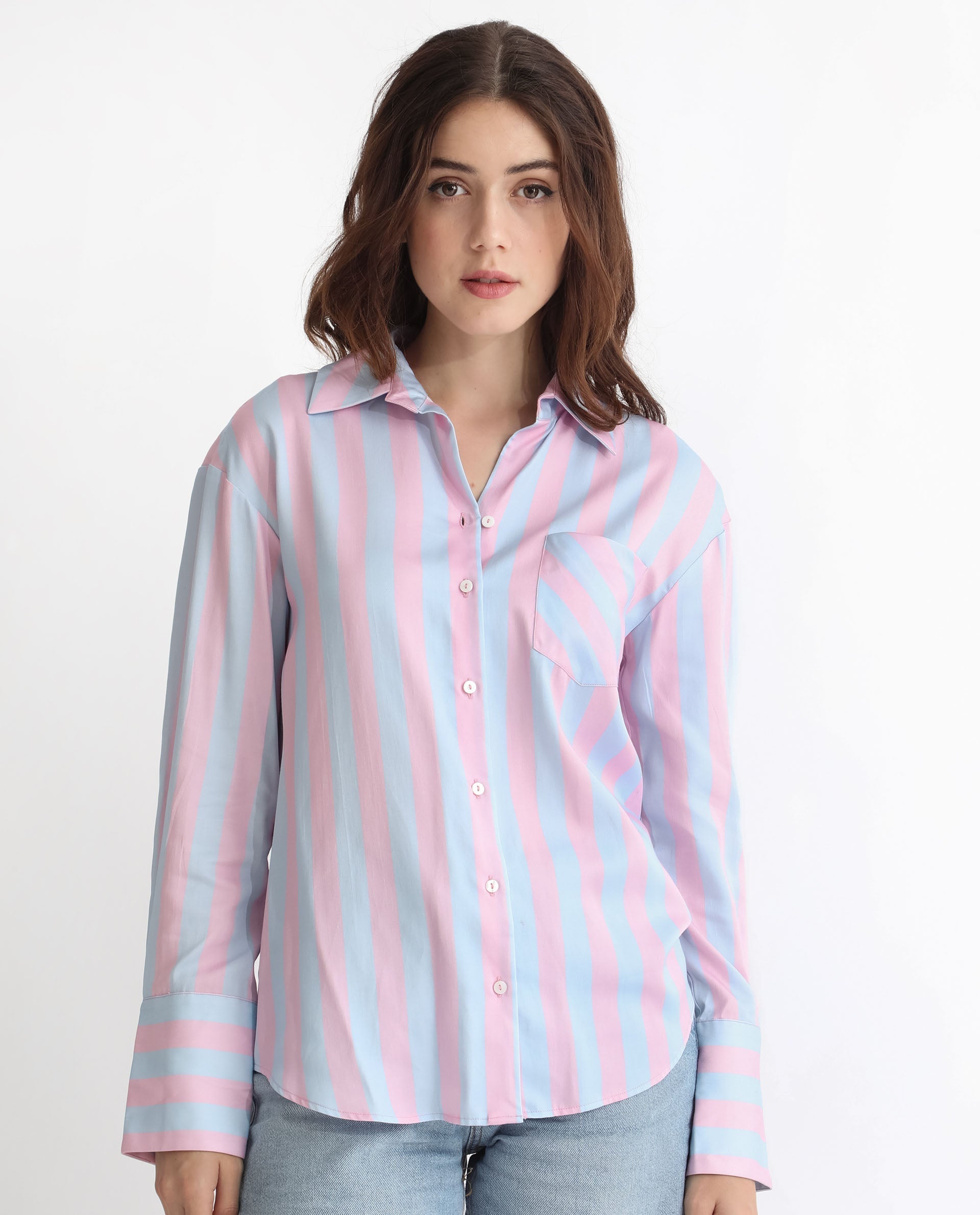 Rareism Women Lenona Pastel Blue Cotton Fabric Full Sleeves Button Closure Shirt Collar Slim Fit Striped Shirt