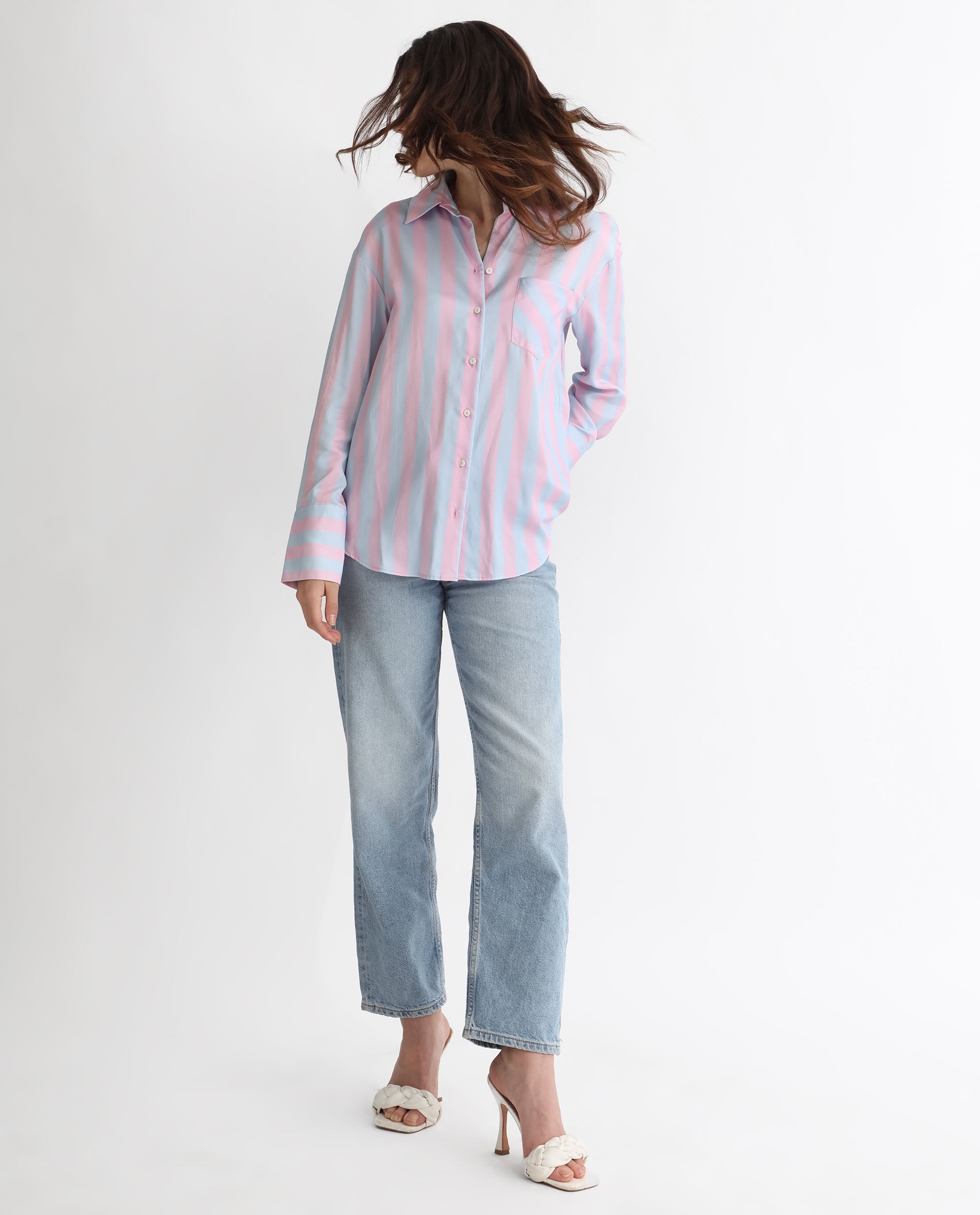 Rareism Women Lenona Pastel Blue Cotton Fabric Full Sleeves Button Closure Shirt Collar Slim Fit Striped Shirt