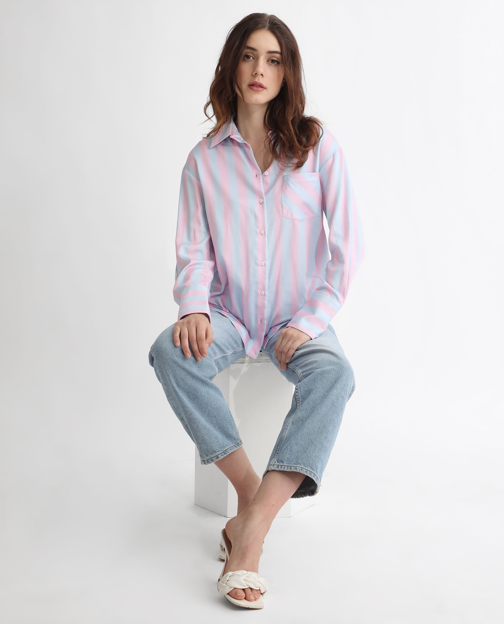 Rareism Women Lenona Pastel Blue Cotton Fabric Full Sleeves Button Closure Shirt Collar Slim Fit Striped Shirt