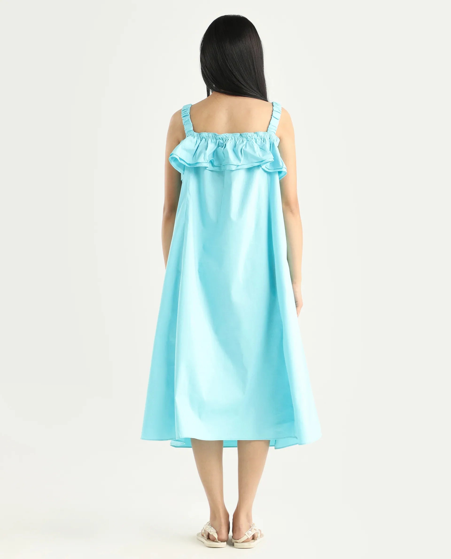 Rareism Women's Lens Blue Cotton Blend Shoulder Strap Plain Sleeveless Knee Length Regular Fit Dress