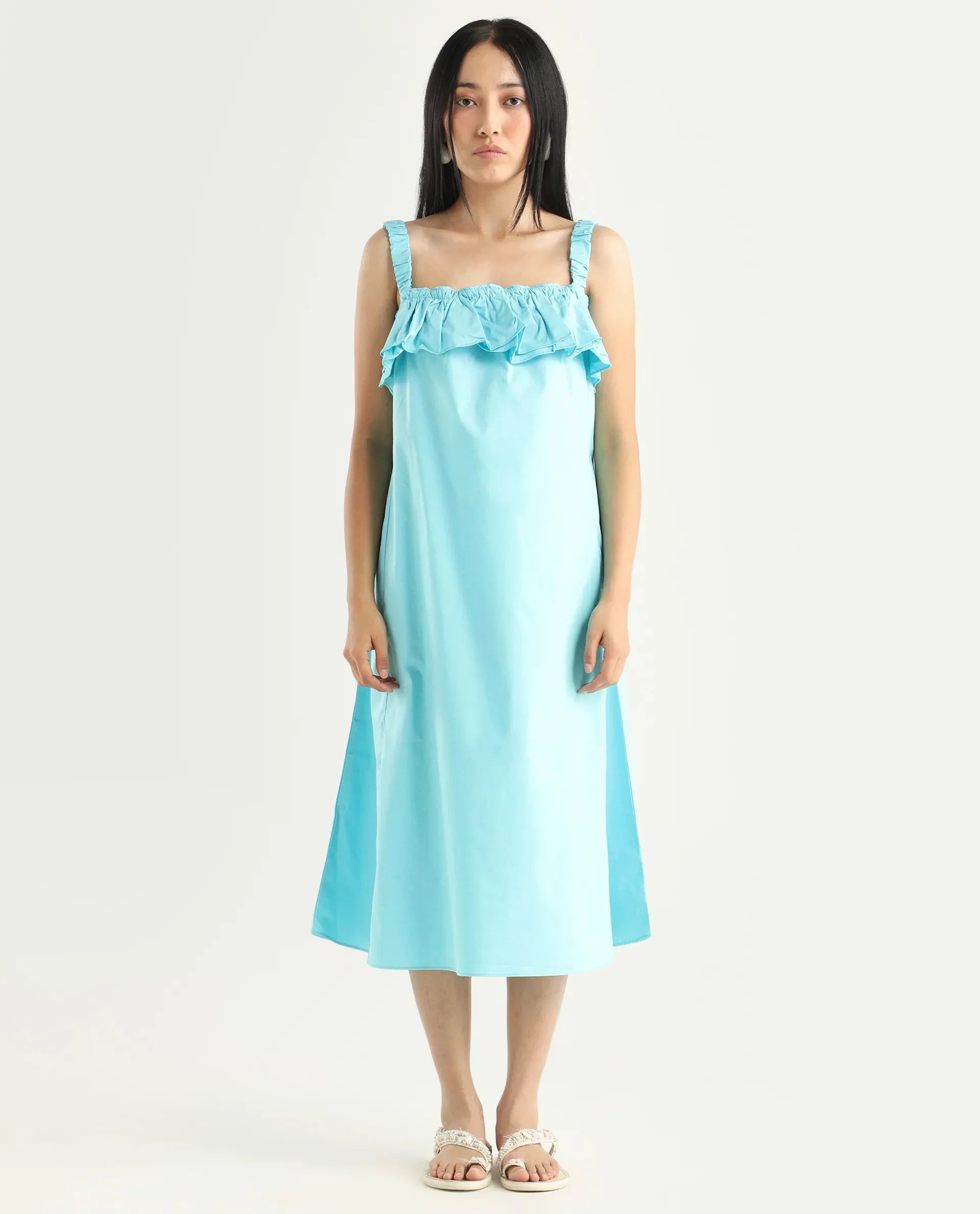 Rareism Women's Lens Blue Cotton Blend Shoulder Strap Plain Sleeveless Knee Length Regular Fit Dress