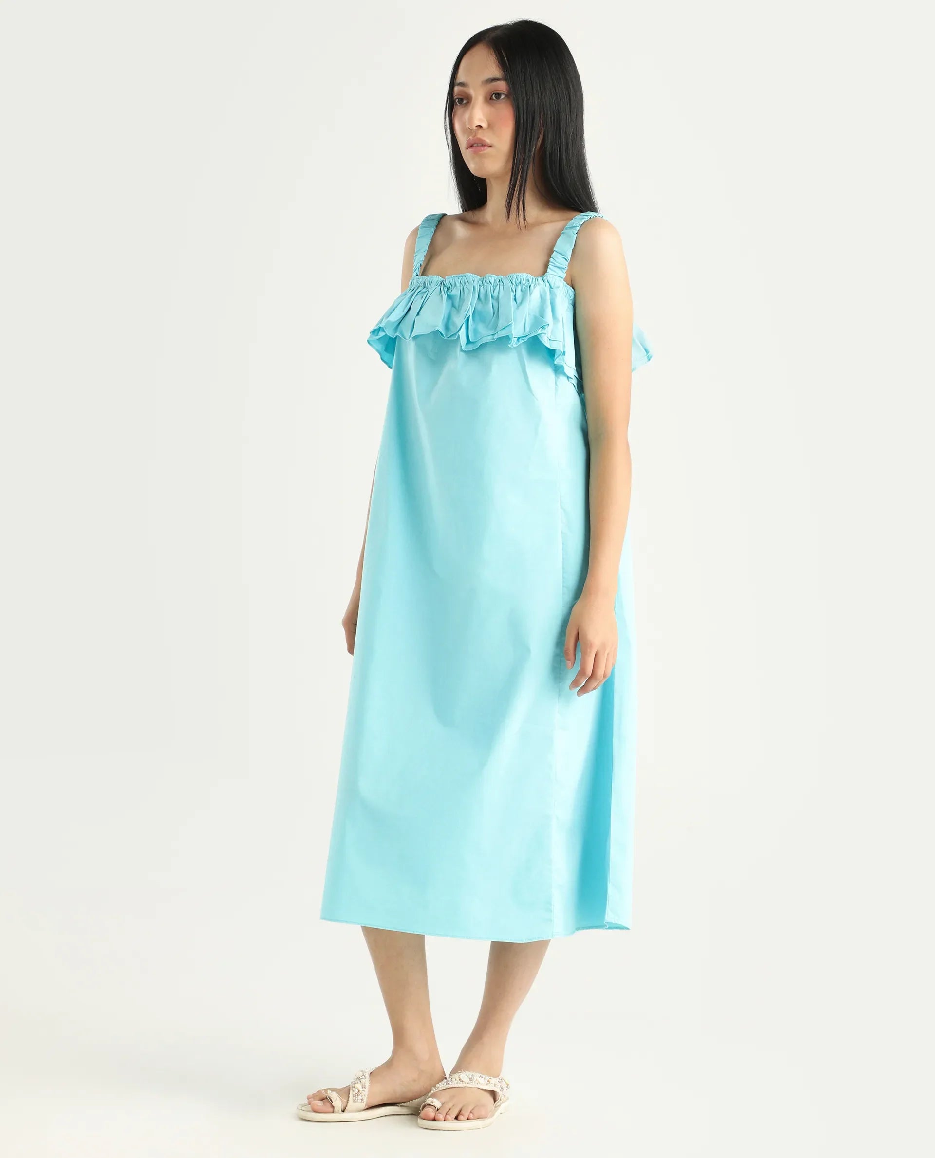 Rareism Women's Lens Blue Cotton Blend Shoulder Strap Plain Sleeveless Knee Length Regular Fit Dress