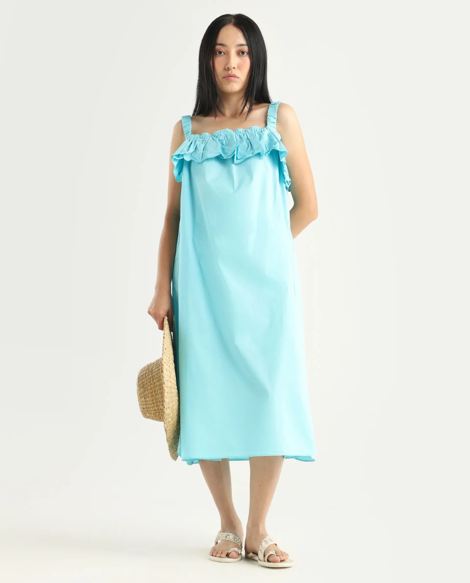 Rareism Women's Lens Blue Cotton Blend Shoulder Strap Plain Sleeveless Knee Length Regular Fit Dress