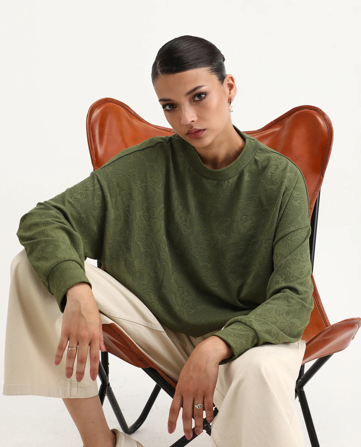 Rareism Women's Lent Olive Polyester Blend Crew Neck Oversize Fit Jacquard Sweatshirt