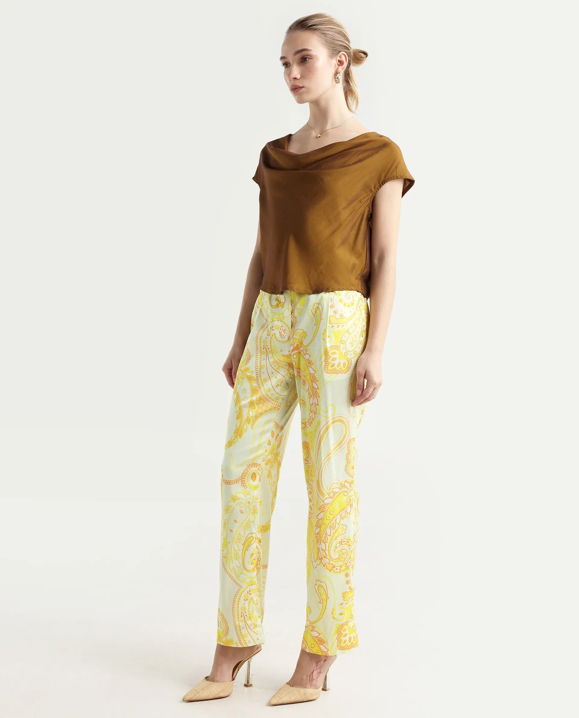 Rareism Women's Lenzet Yellow Polyester Paisley Print Ankle Length Relaxed Fit Trouser