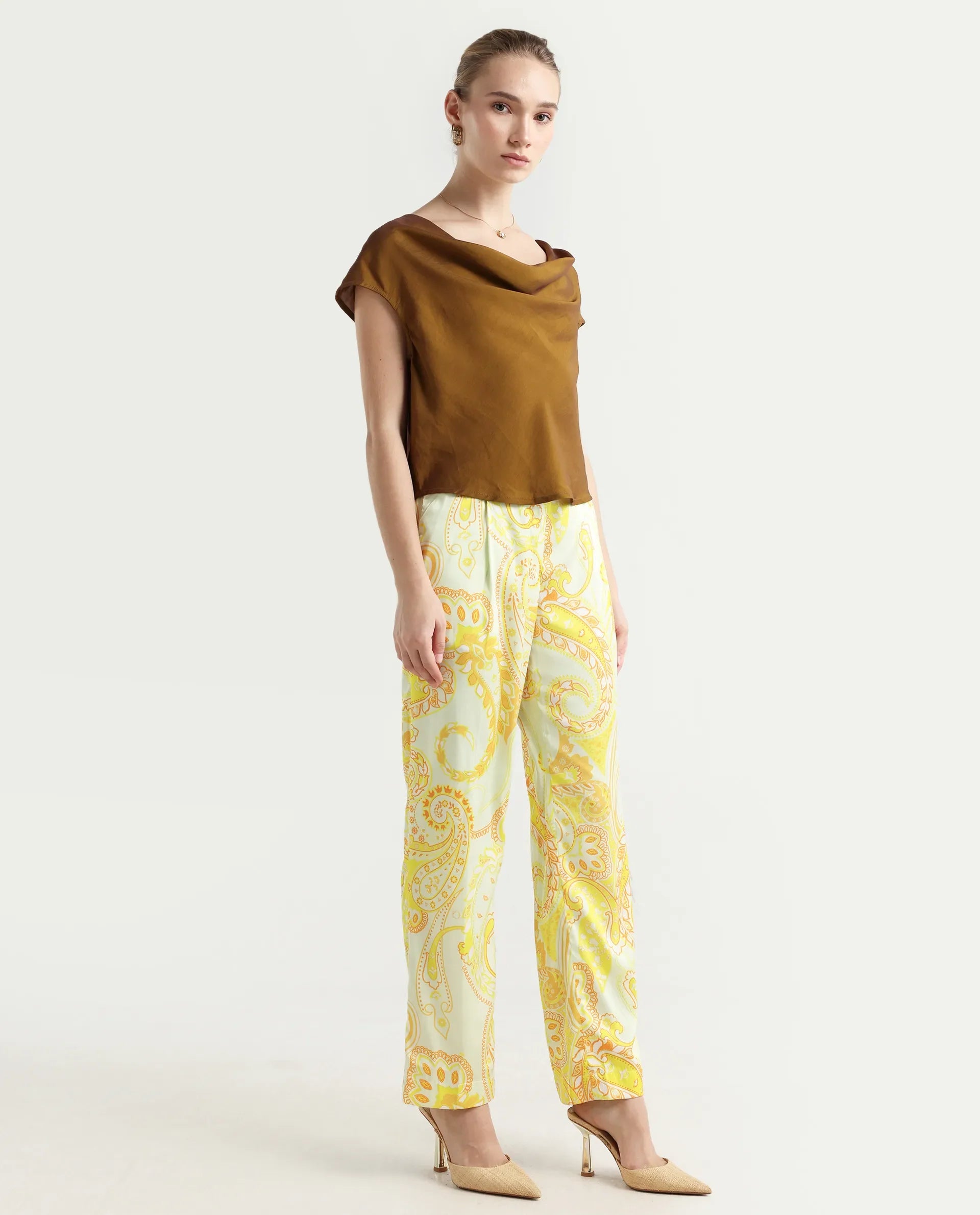 Rareism Women's Lenzet Yellow Polyester Paisley Print Ankle Length Relaxed Fit Trouser