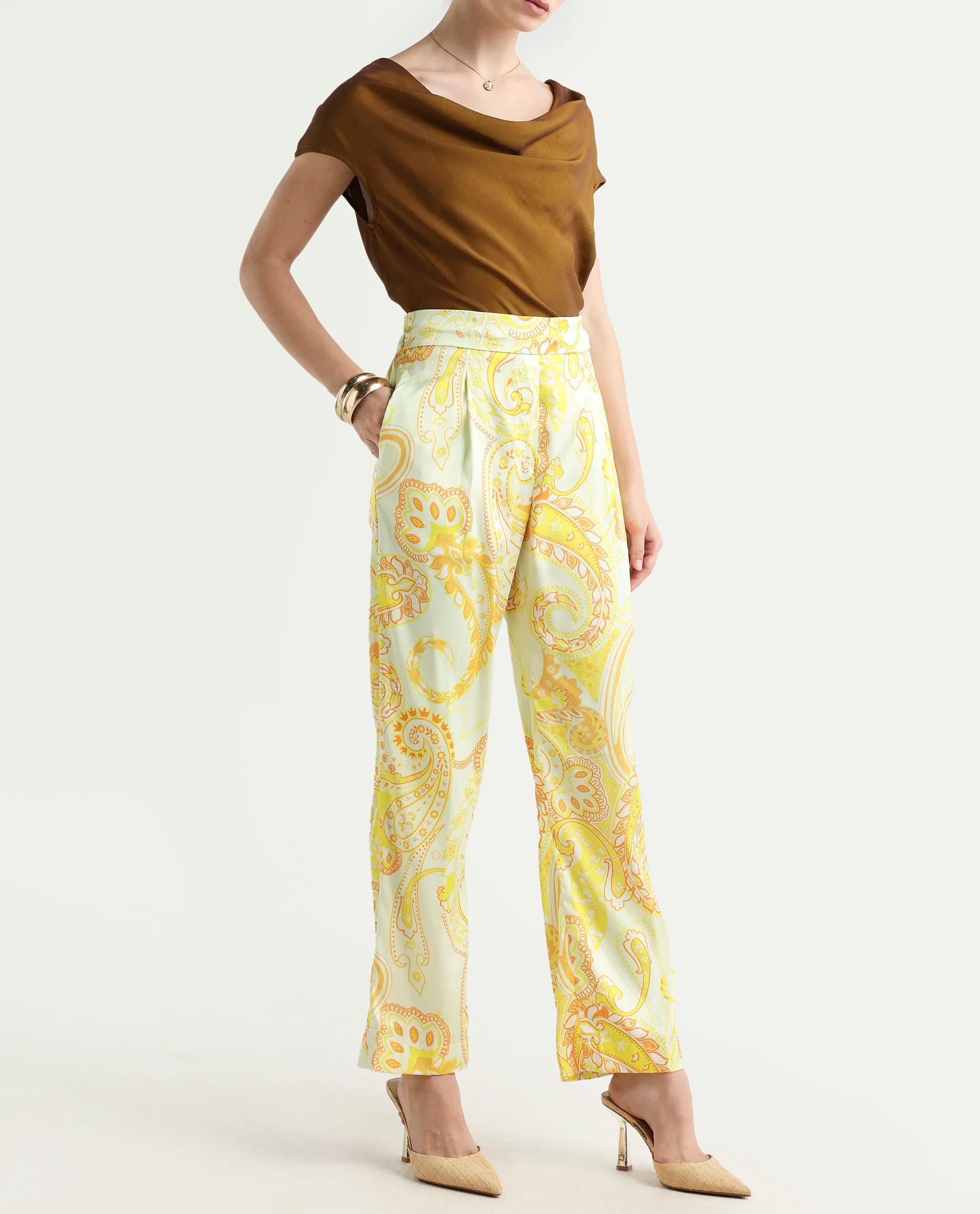 Rareism Women's Lenzet Yellow Polyester Paisley Print Ankle Length Relaxed Fit Trouser