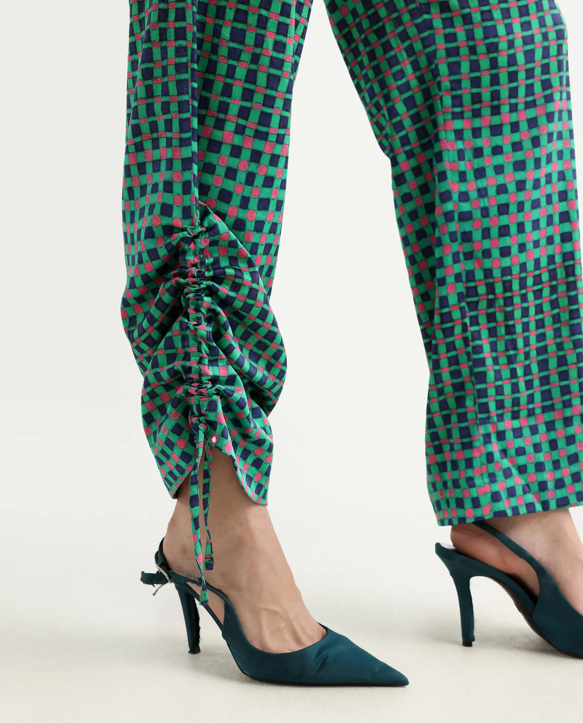 Rareism Women's Leora Green Polyester Geometric Print Ankle Length Tailored Trouser