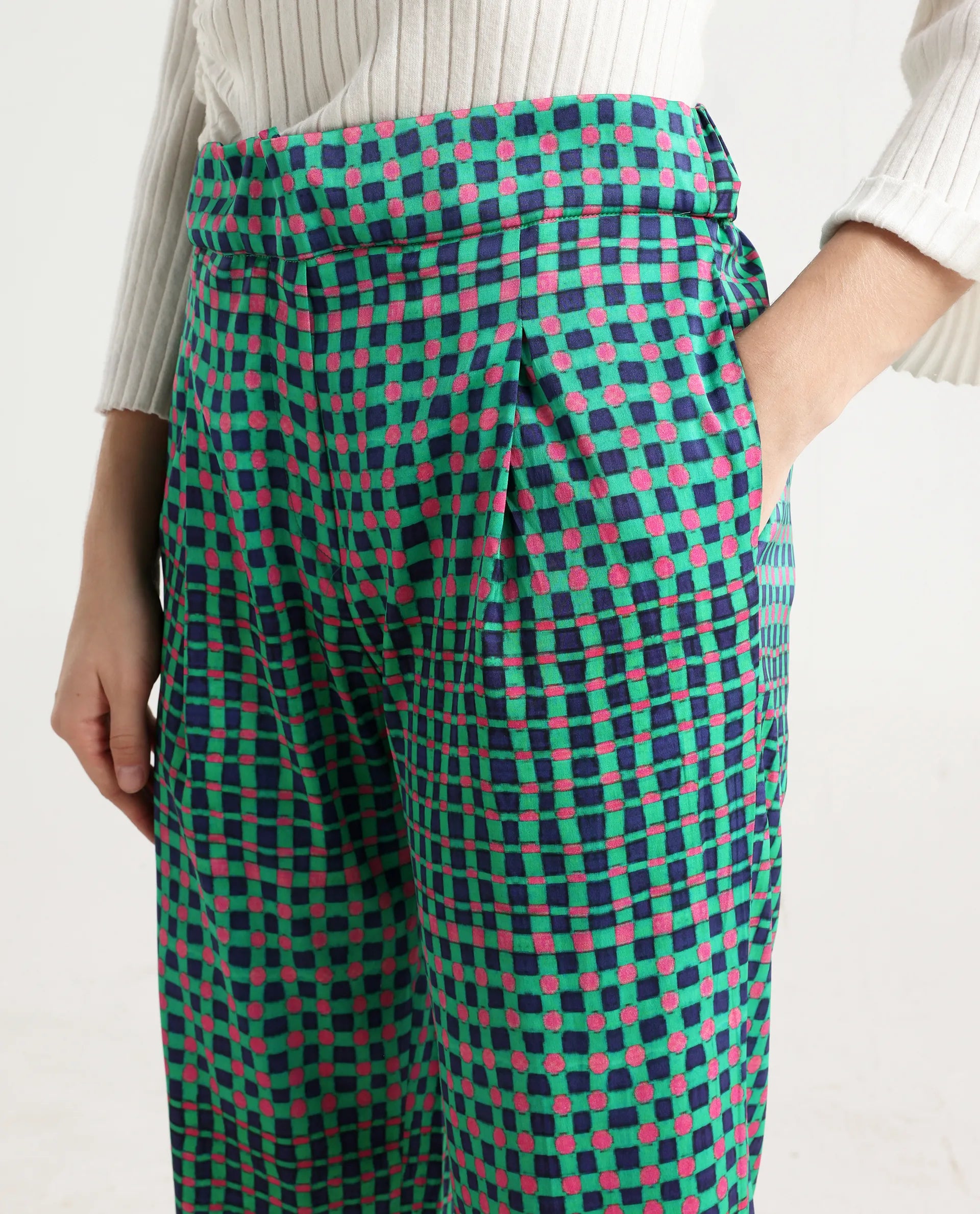 Rareism Women's Leora Green Polyester Geometric Print Ankle Length Tailored Trouser