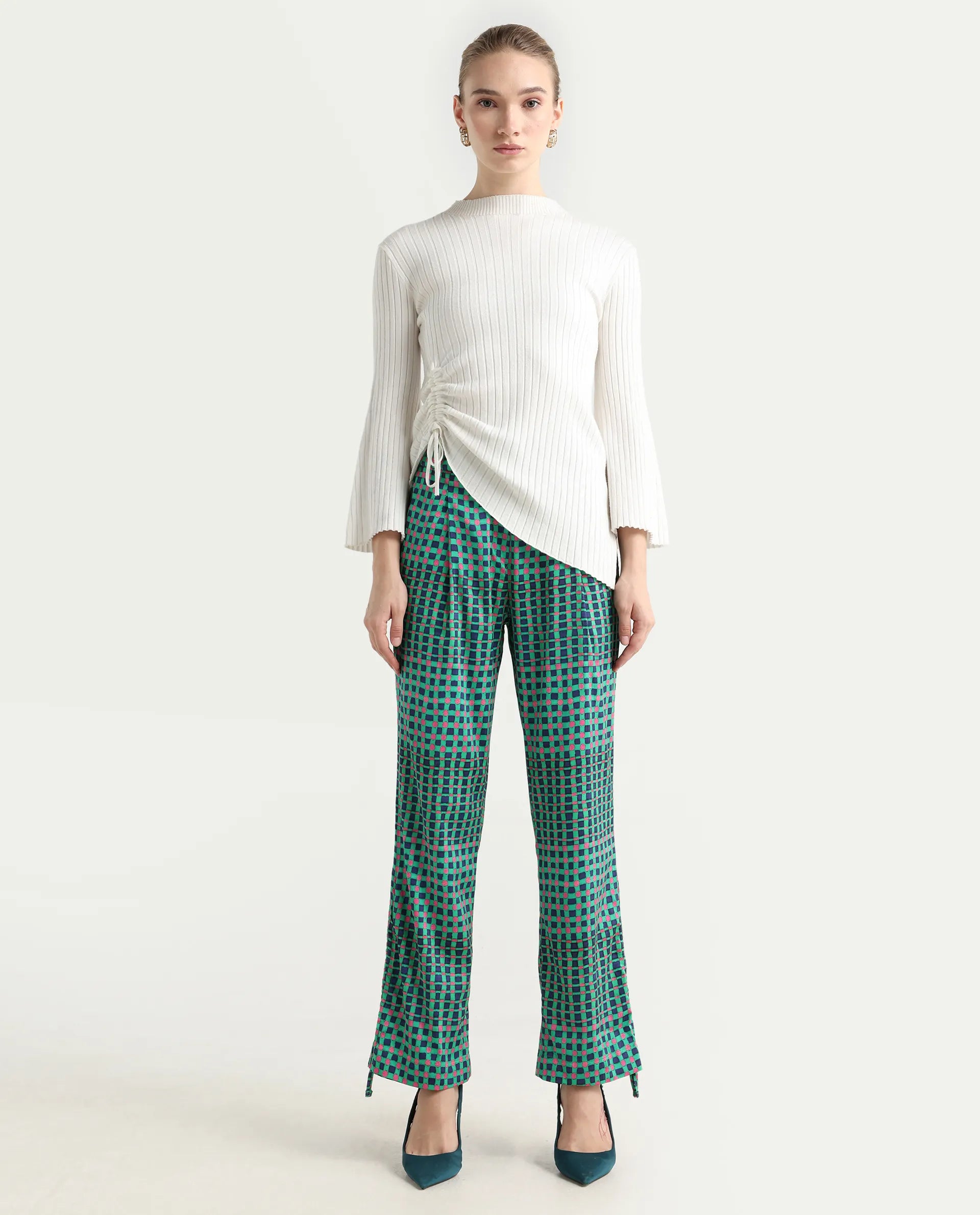 Rareism Women's Leora Green Polyester Geometric Print Ankle Length Tailored Trouser
