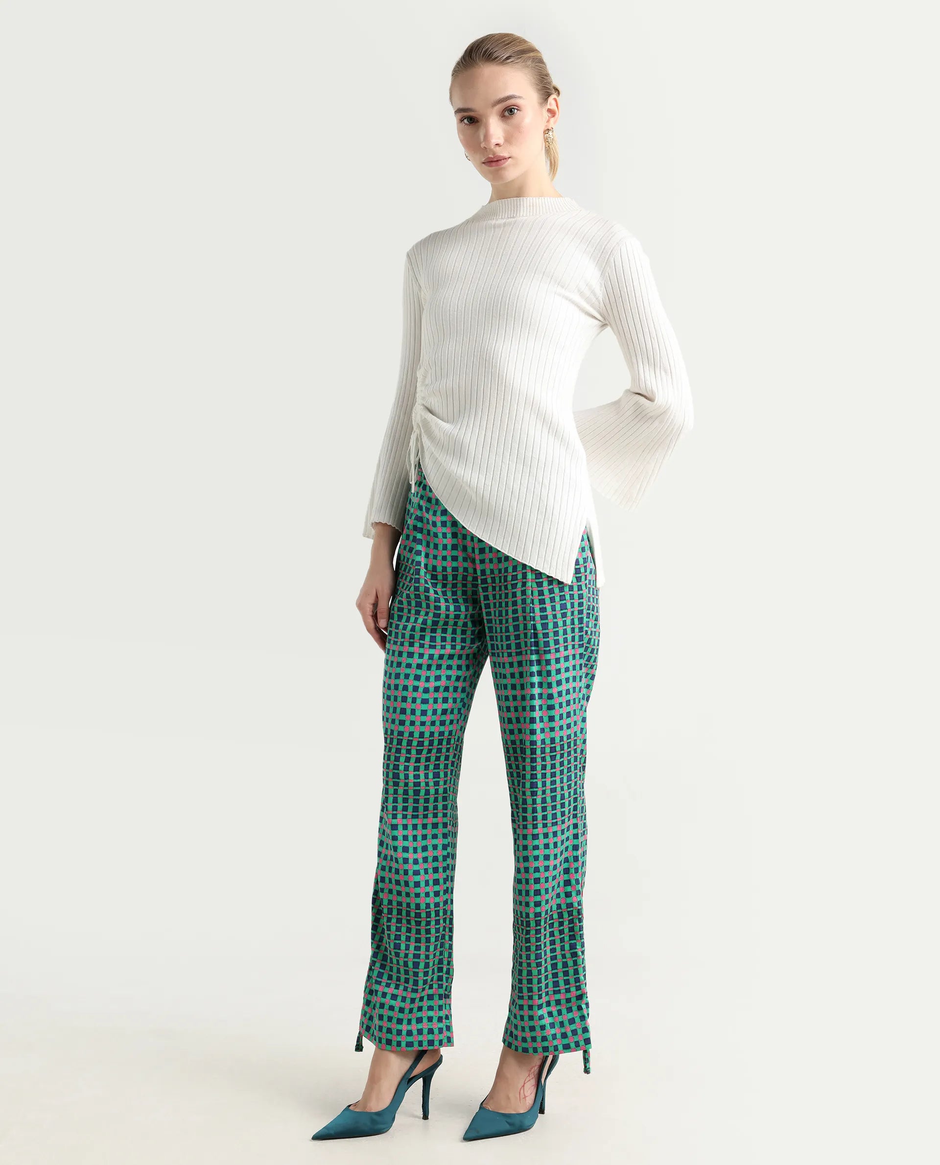 Rareism Women's Leora Green Polyester Geometric Print Ankle Length Tailored Trouser