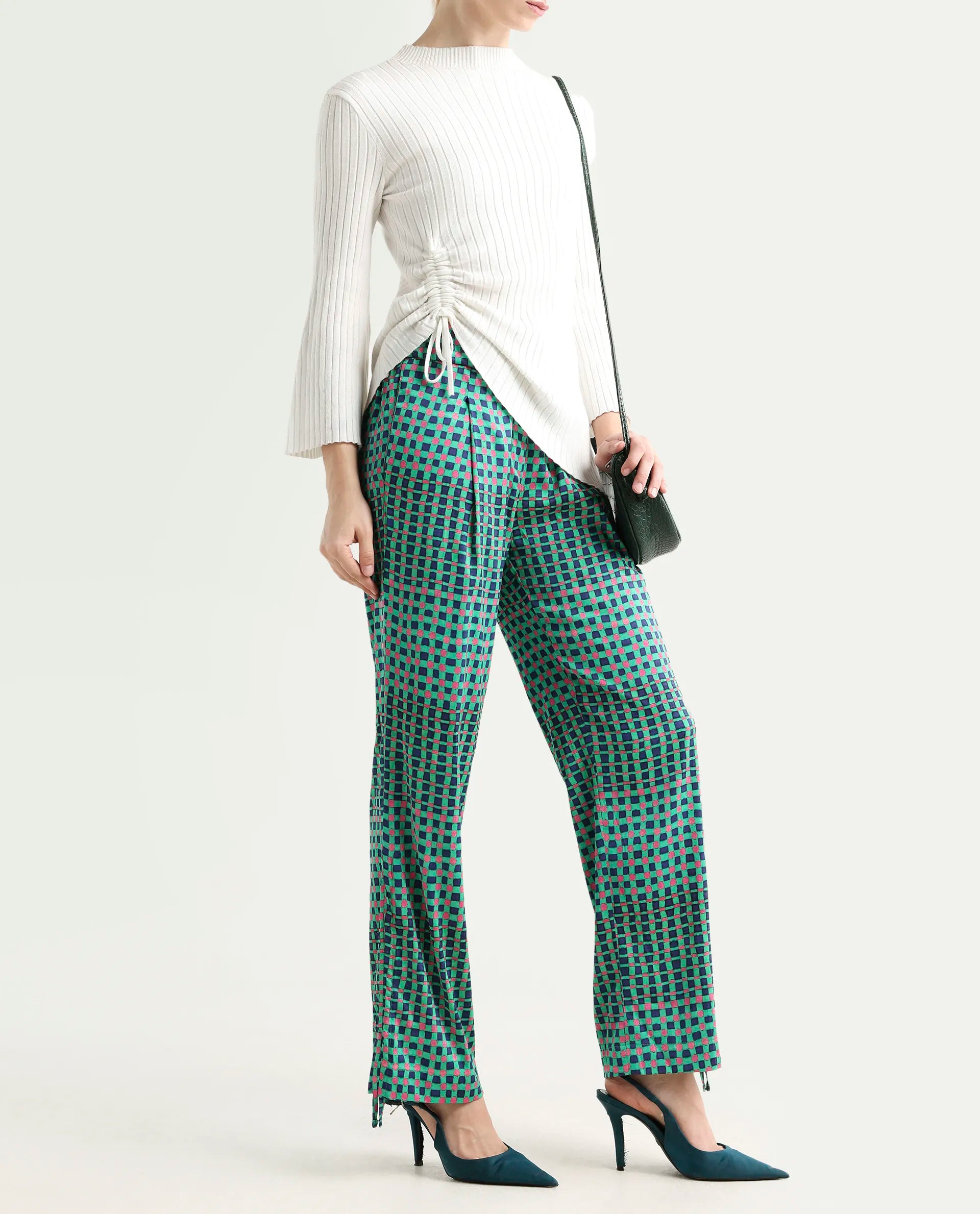 Rareism Women's Leora Green Polyester Geometric Print Ankle Length Tailored Trouser