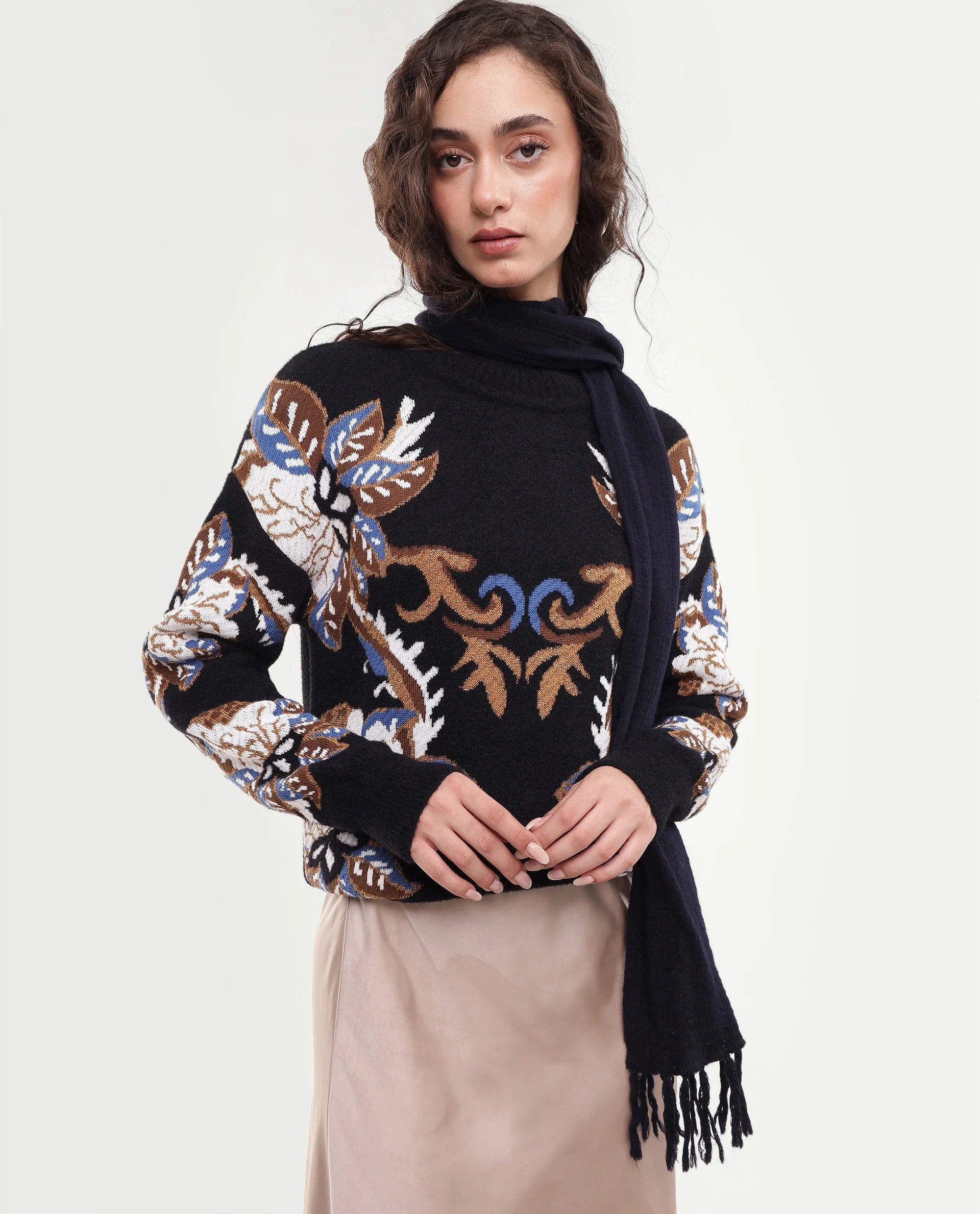 Rareism Women's Lepo Black Nylon Blend Pull-On Relaxed Fit Jacquard Sweater