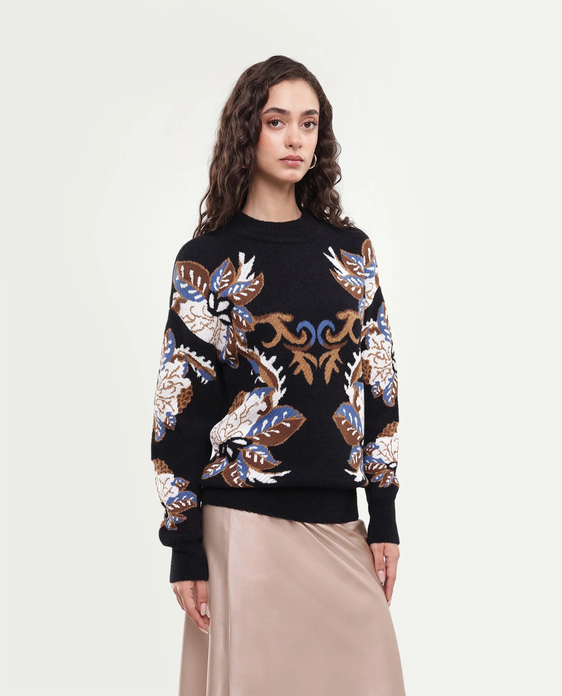 Rareism Women's Lepo Black Nylon Blend Pull-On Relaxed Fit Jacquard Sweater